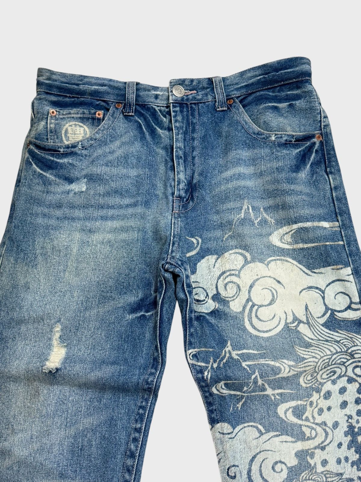 Japanese Brand VINTAGE KARAKURI TAMASHI TRADITION DRAGON ACID WASH DENIM Size US 32 / EU 48 - 3 Thumbnail