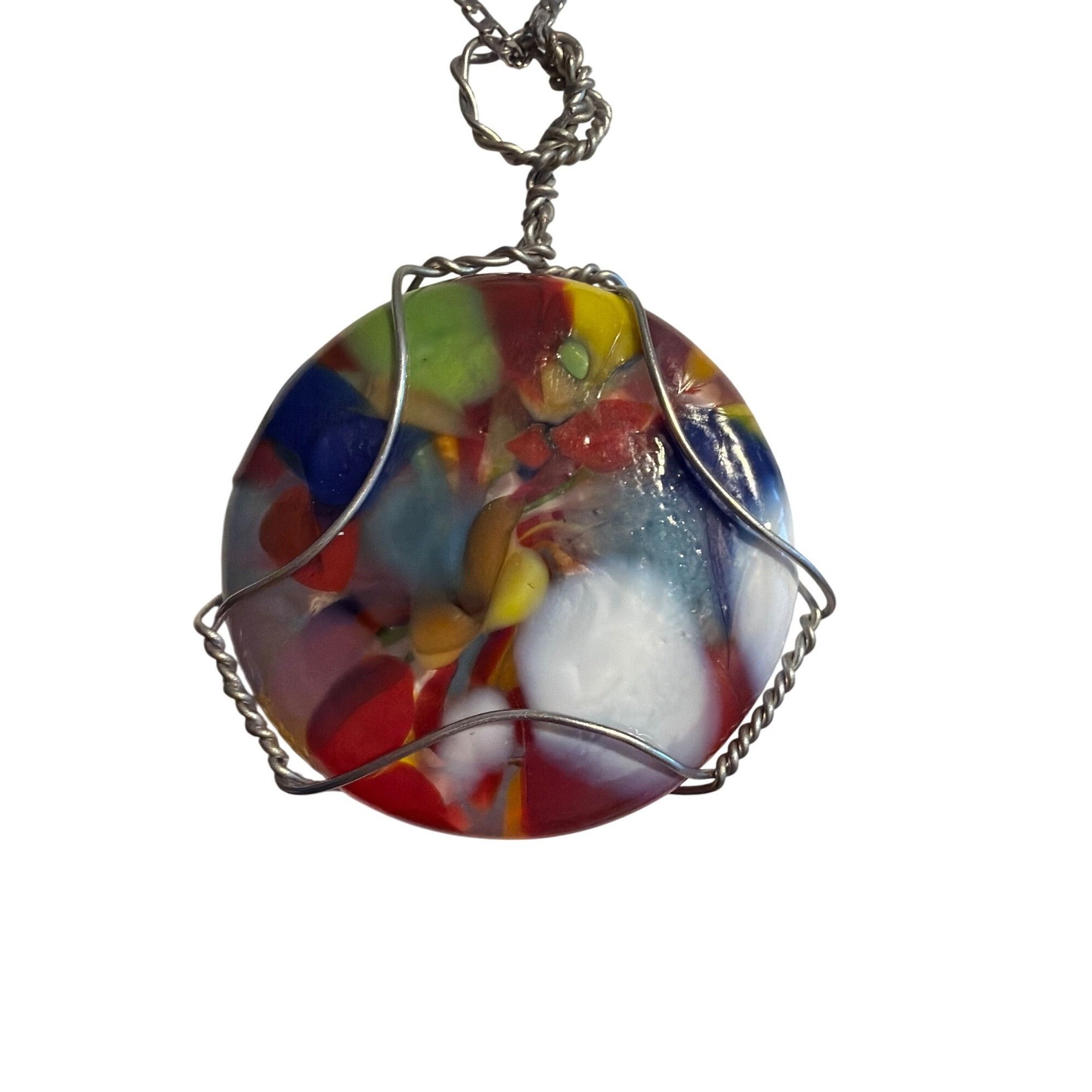 Other Wire Wrapped Colorful Fused Glass Pendant Necklace Silver To Size ONE SIZE - 2 Thumbnail