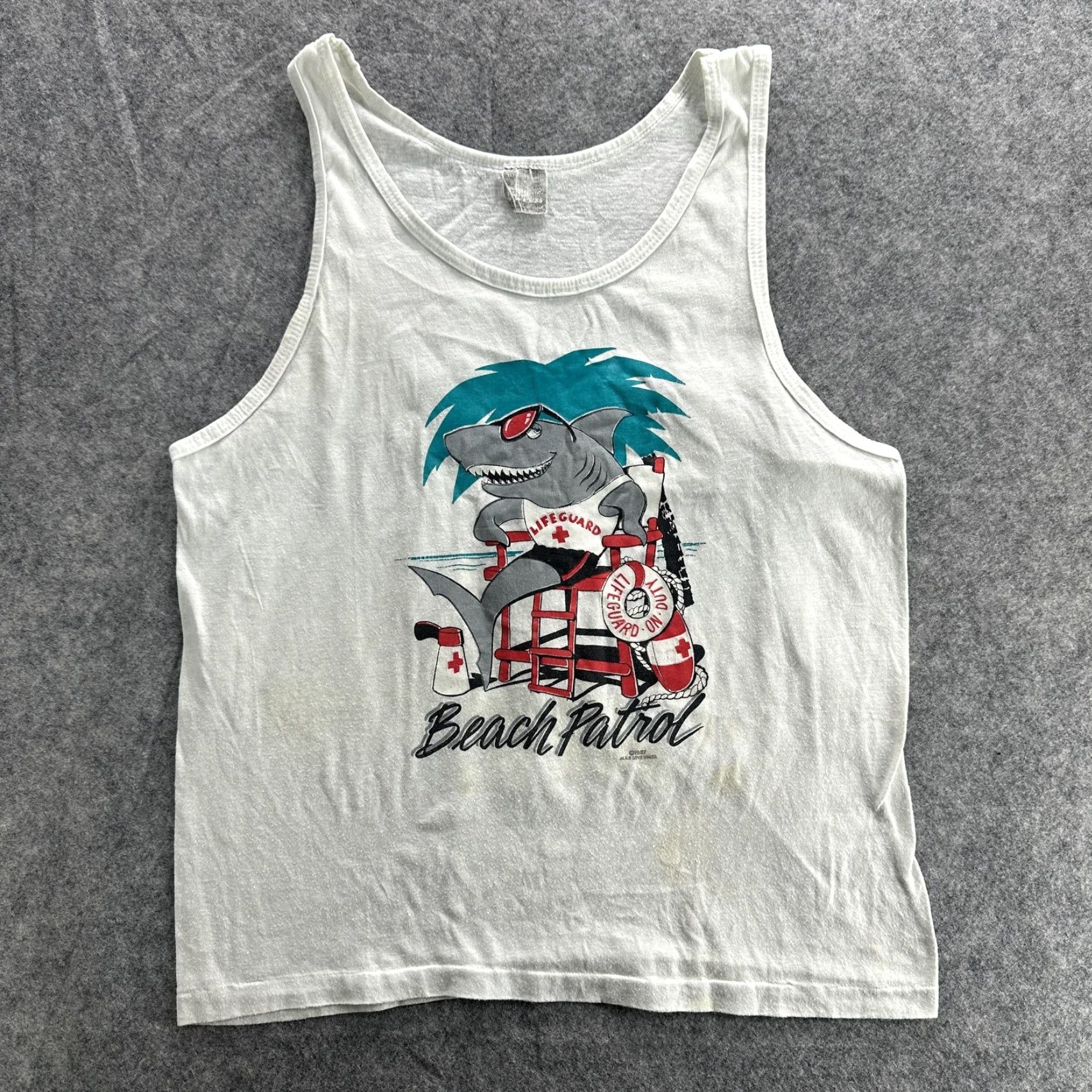 Vintage VINTAGE Beach Patrol Shirt Mens Medium White Shark Lifeguard Tank Top 90s Funny AllSport Crew Neck Sleeveless Graphic Print Beach Summer 1991 Mens Size US M / EU 48-50 / 2 - 2 Thumbnail