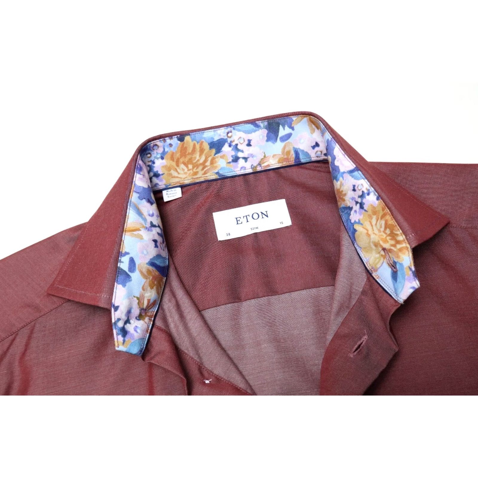 Eton ETON Signature Twill Slim Formal Shirt Men's 38/15 Burgundy Dress Shirt Long Sleeve Spread Collar Button Up Shafts Slim Fit Size 38R - 4 Thumbnail