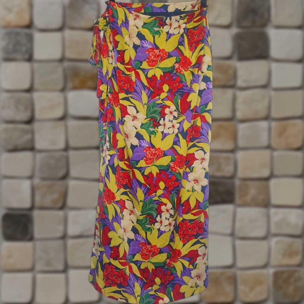 ALOHAS V Valerie Stevens Silk Skirt Long Faux Wrap Tie Waist Multicolor Floral 35.5" Beach Vacation Women 4 Silk Skirt Size 27" / US 4 / IT 40 - 1 Thumbnail