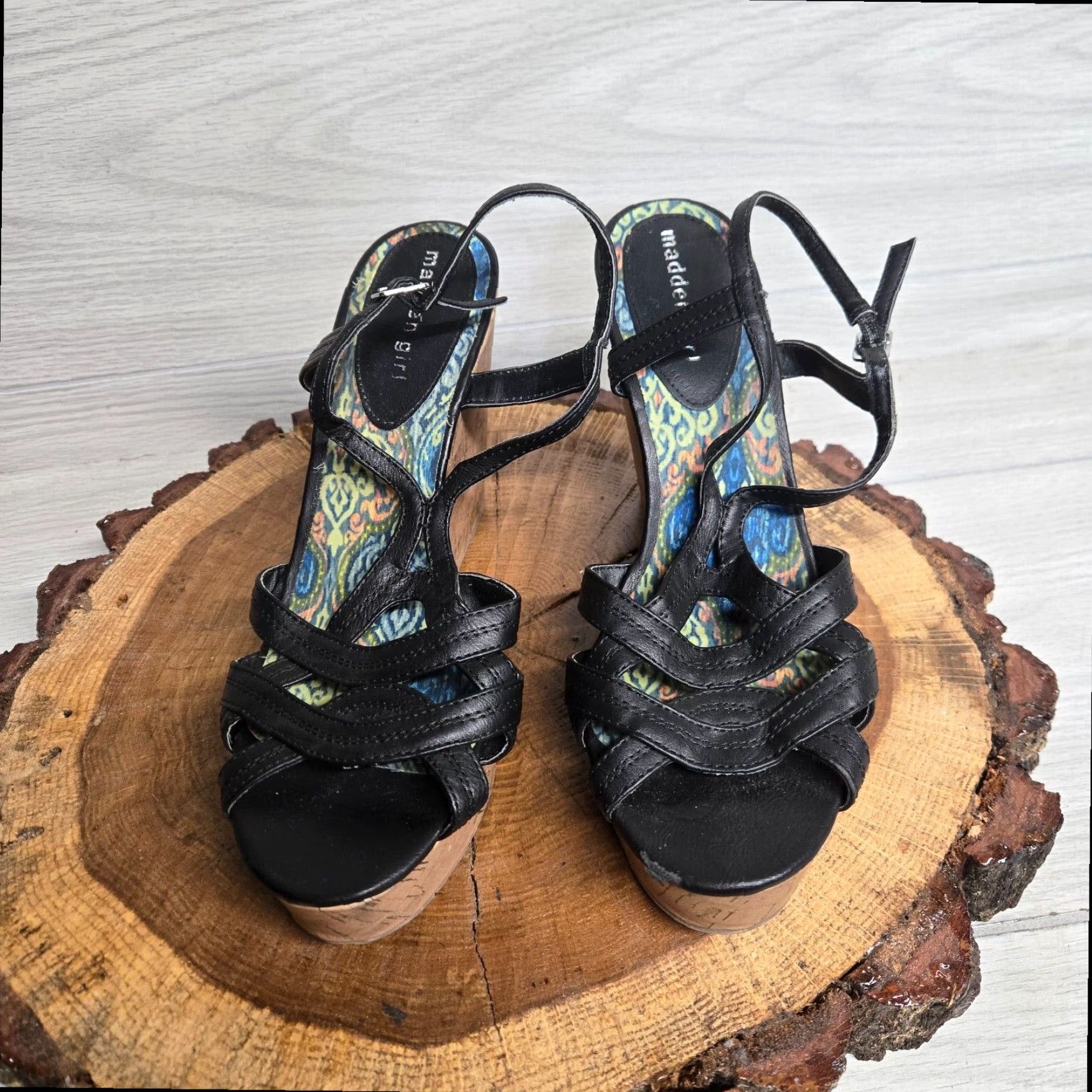 Vintage Madden Girl Strappy Wedge Sandal Black Faux Leather Adult Women's Size 10M Size US 10 / IT 40 - 3 Thumbnail