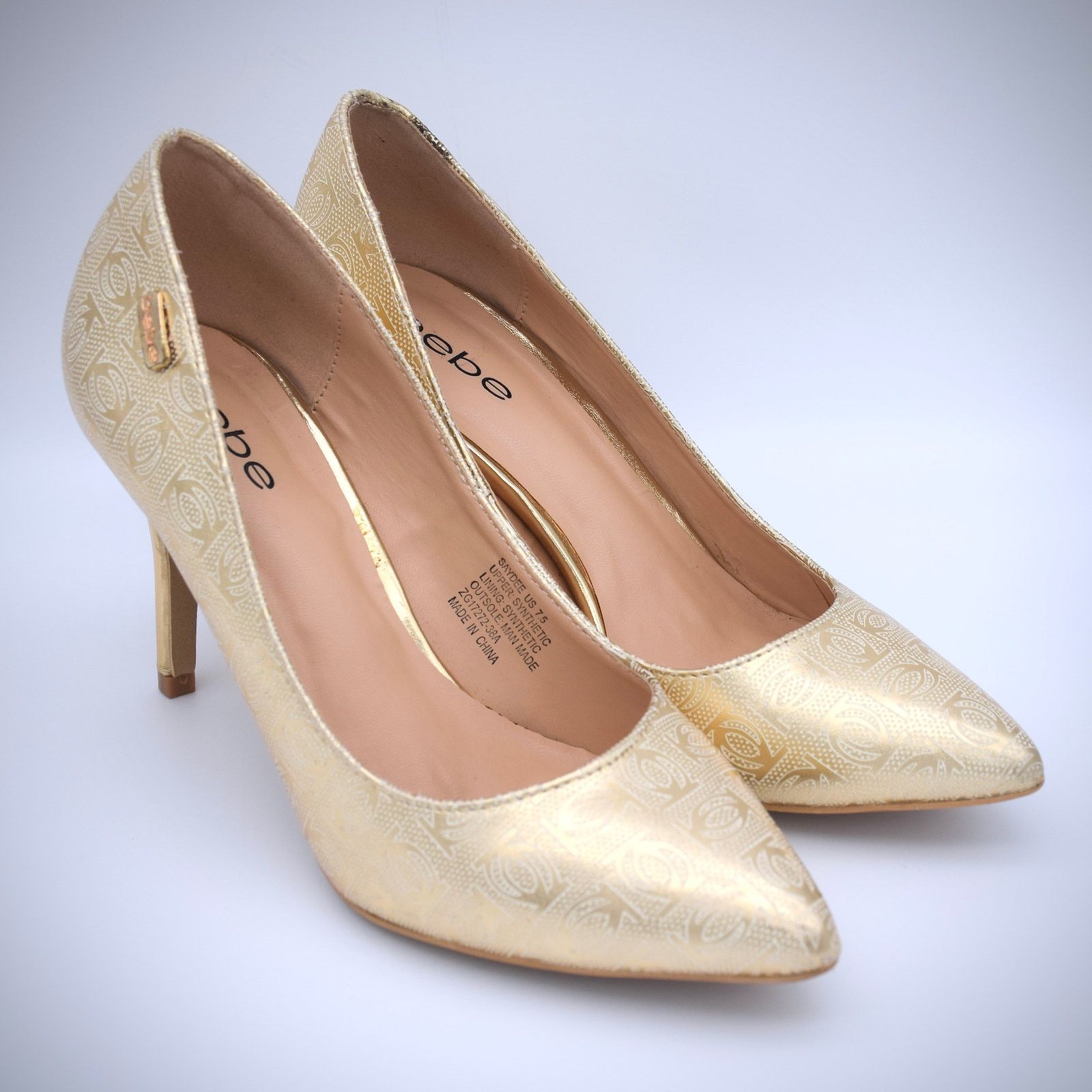 Bebe Bebe Saydee Logo Pumps Heels 7.5 Gold Vegan Stiletto Classic Size US 7.5 / IT 37.5 - 1 Thumbnail