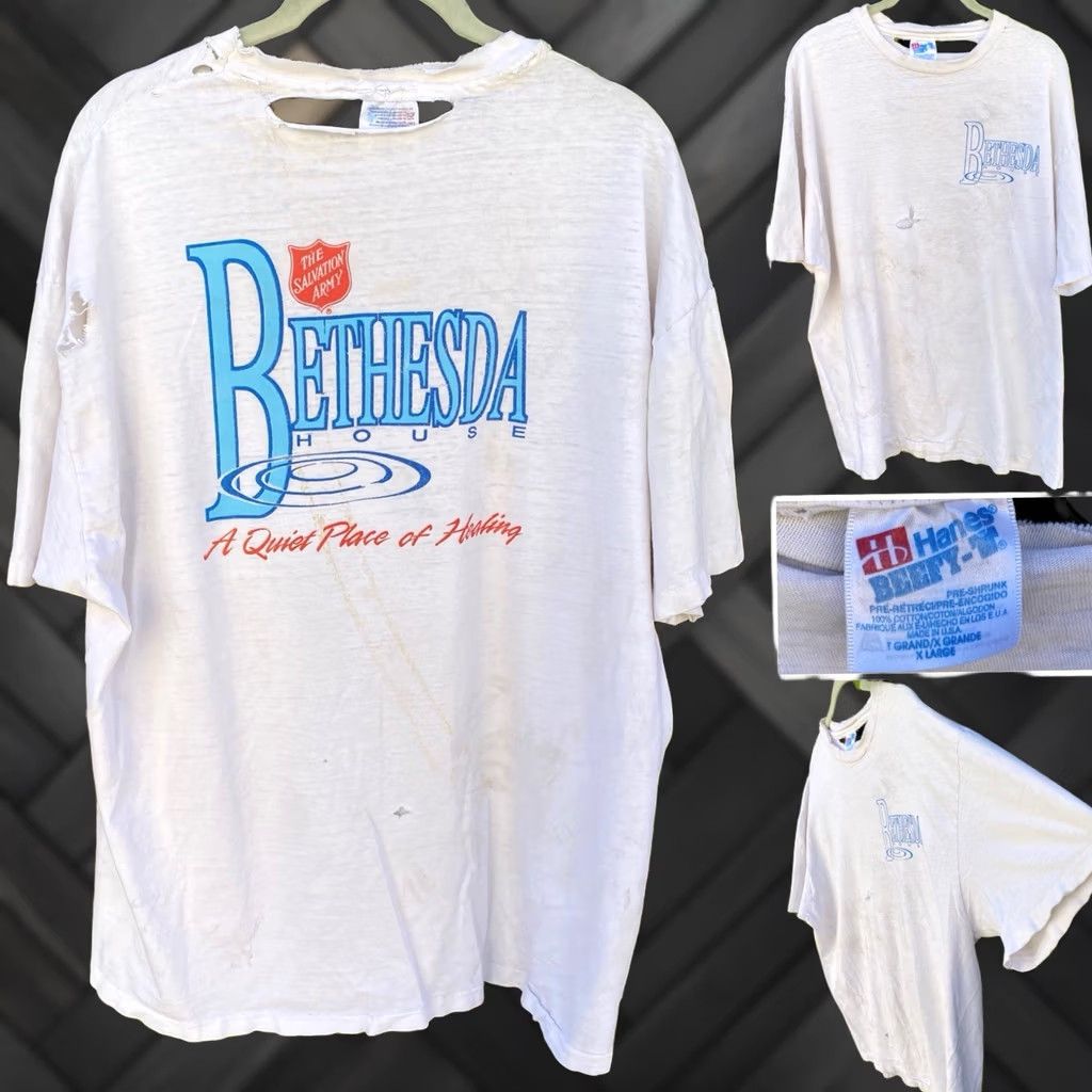 Hanes VINTAGE Hanes T Shirt Distressed White XL The Salvation Army Bethesda House Graphic Print Short Sleeve Men Size XL Size US XL / EU 56 / 4 - 1 Thumbnail