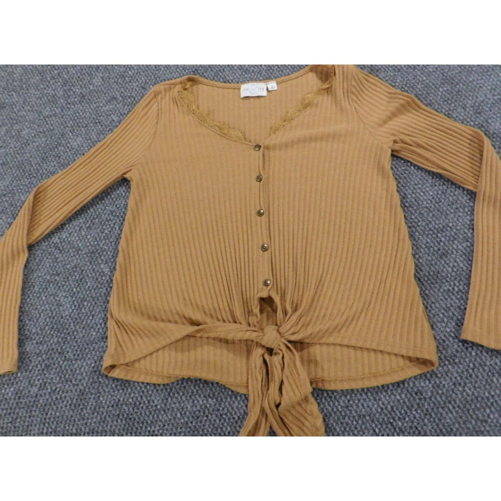 Vintage Jun & Ivy Womens Blouse M Brown Solid Round Neck Long Sleeve Pullover Button-Up Top Size M / US 6-8 / IT 42-44 - 2 Thumbnail