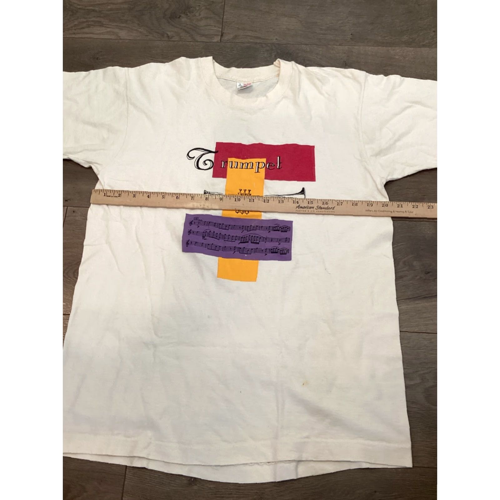Jerzees Vtg Music Shirt Tee Mens Large White Gold Trumpet Score Notes Instrument 90s SS Size US L / EU 52-54 / 3 - 6 Thumbnail