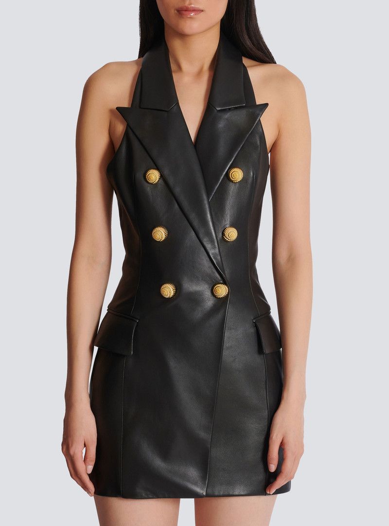 Balmain o1srvl11e1125 Lambskin Leather Halterneck Dress in Black Size XS / US 0-2 / IT 36-38 - 5 Thumbnail