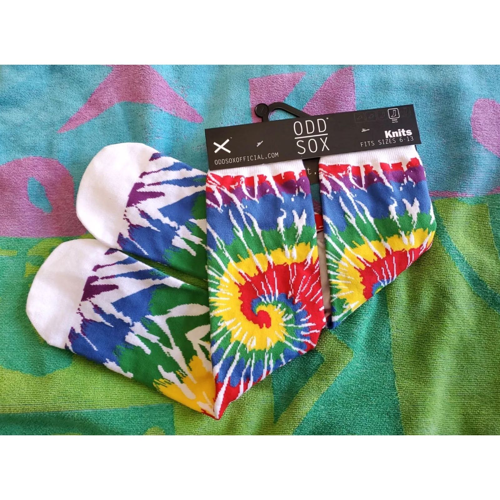 Rainbow ODD SOX Crew Socks 6-13 Rainbow Tie-Dye Swirl Multicolor Men Size 6-13 Crew Socks Rainbow Theme, Cotton Blend, 1 Pair Size ONE SIZE - 6 Thumbnail