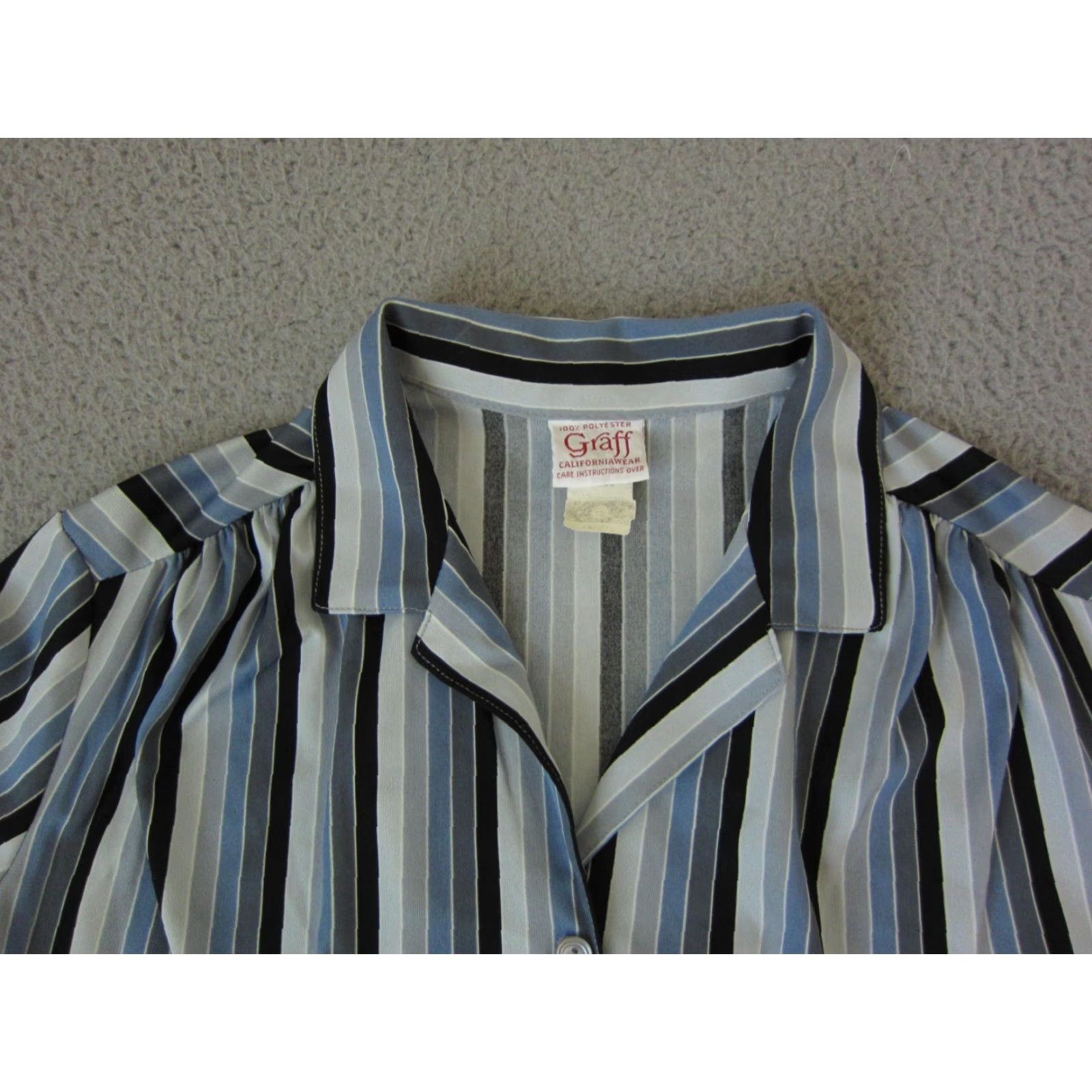 GRAFF VINTAGE Disco Shirt Womens 70s Button-Up Striped Blue Gray Polyester 70s Size 10 Womens Mens Girls Size L / US 10 / IT 46 - 2 Thumbnail