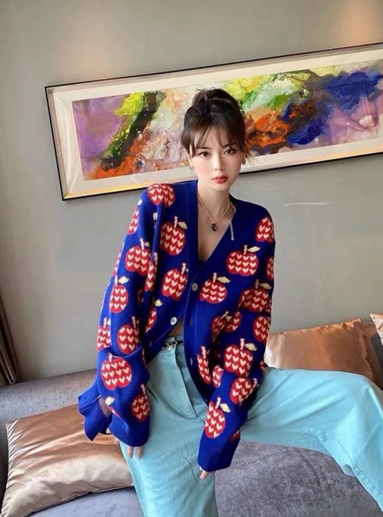Gucci Gucci Blue red apple cotton knitted cardigan jacket 2502-Ne Size US XS / EU 42 / 0 - 9 Thumbnail