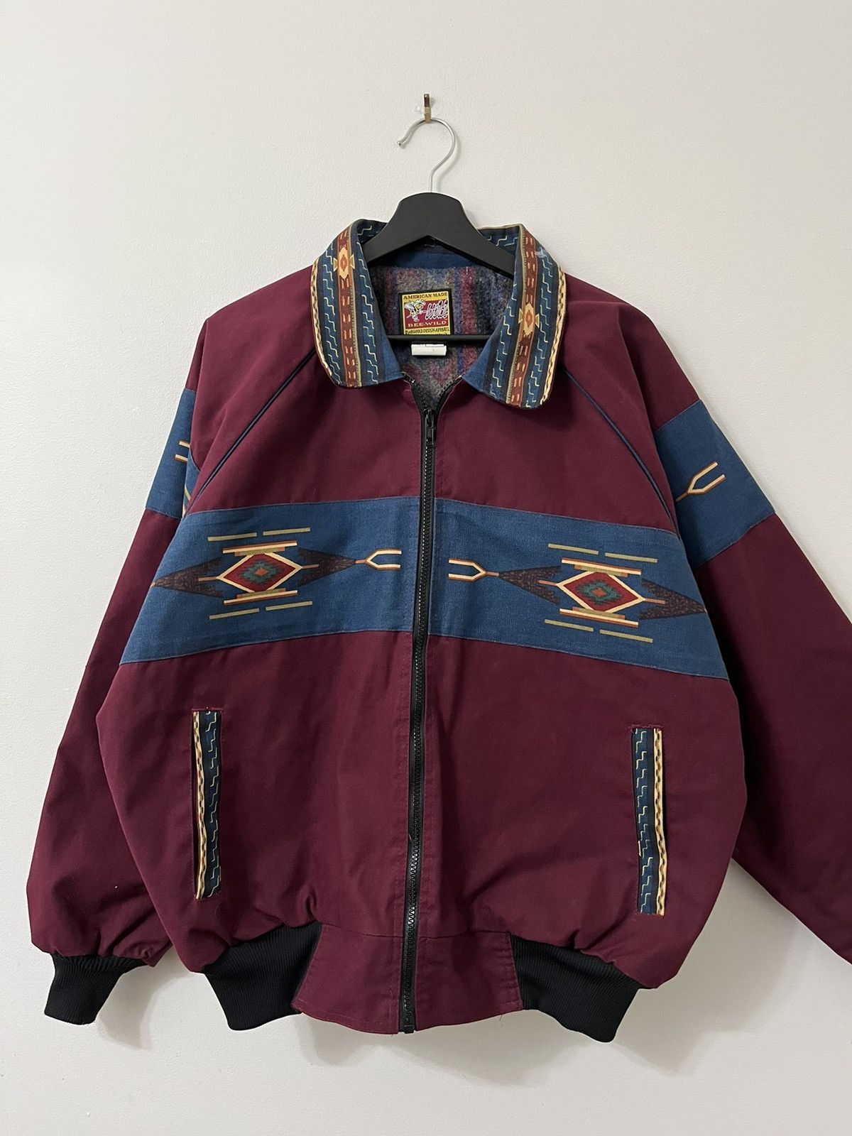 image of Made In USA x Vintage Bee-Wild Southwestern Aztec Blanket Lined Jacket in Burgandy (Size Medium)