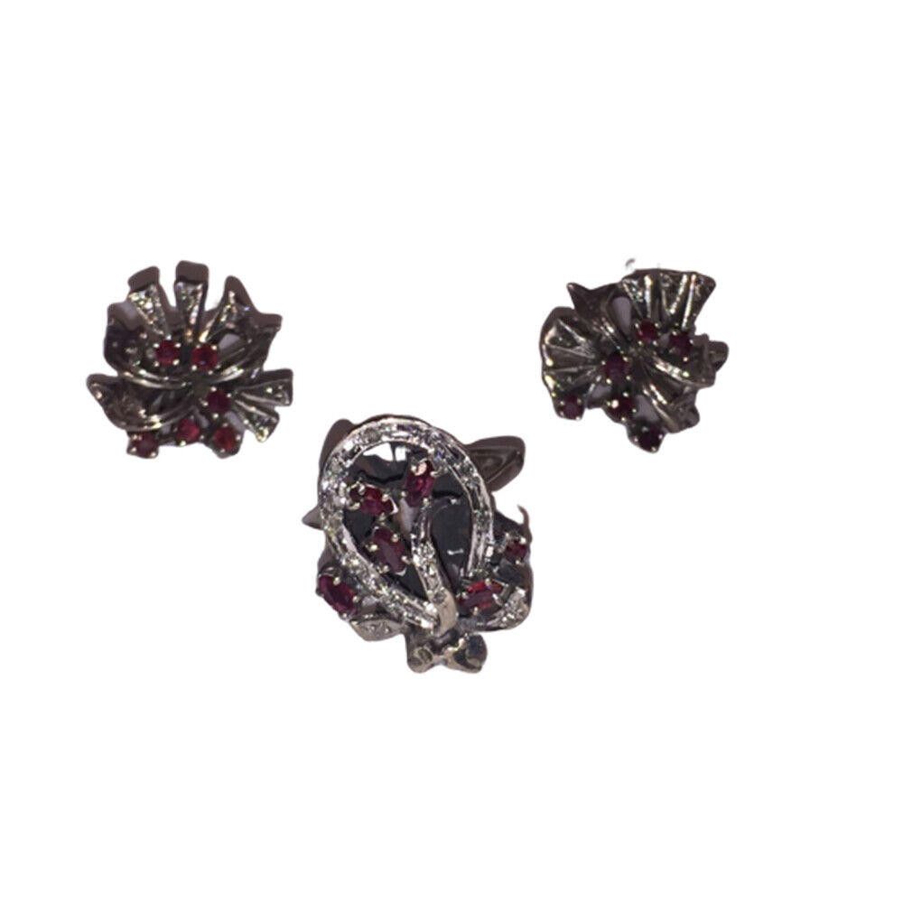 Designer Mexican Palladium Sterling Ruby& Diamond Earrings & Ring Set Size ONE SIZE - 1 Thumbnail