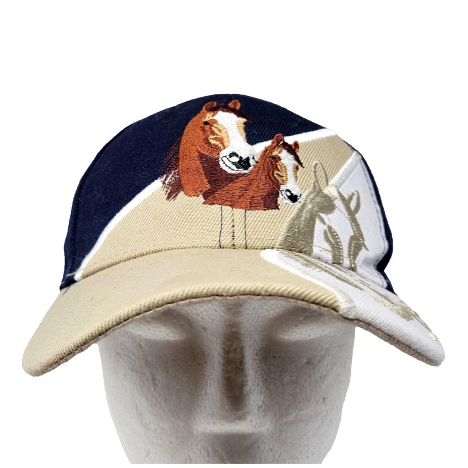 Vintage VINTAGE Horse Hat Cap Strap Back Embroidered Navy Tan White Equestrian Graphic Mens Size ONE SIZE - 2 Thumbnail