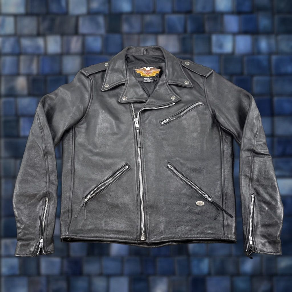 Harley-Davidson Classic Leather Motorcycle Jacket Mens XL Black 90s Biker Full Zip Zipper Pockets