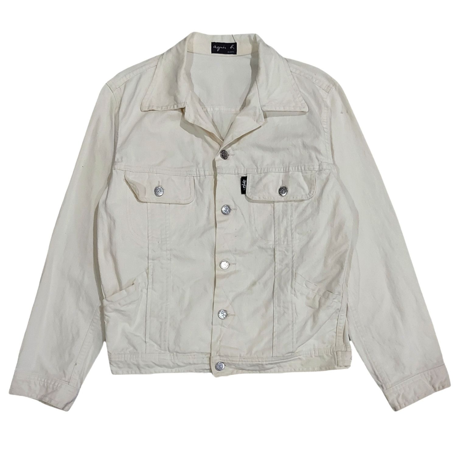 image of Vintage Agnes B. Paris Cream Denim Trucker Jacket, Men's (Size Small)