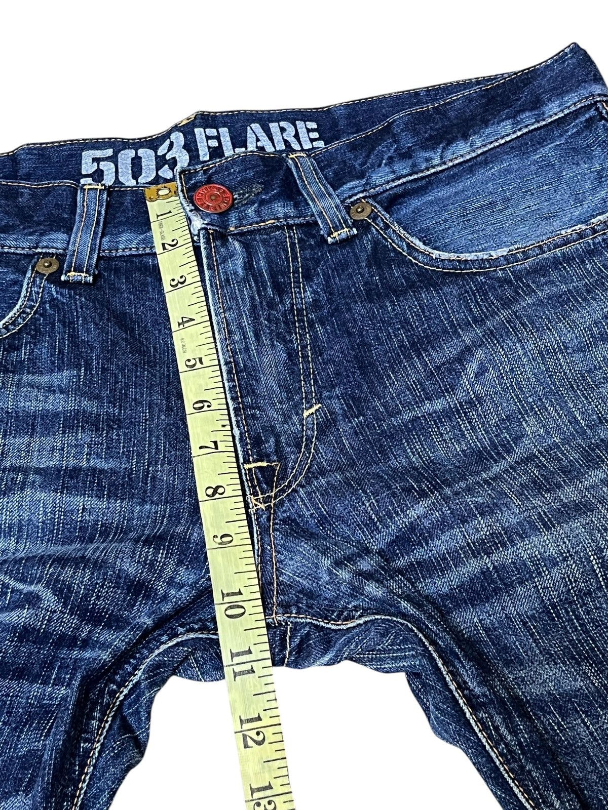 Edwin SICK🔥VINTAGE EDWIN 503 FLARED BLUE TRIP DISTRESSED JEANS Size US 35 - 15 Thumbnail