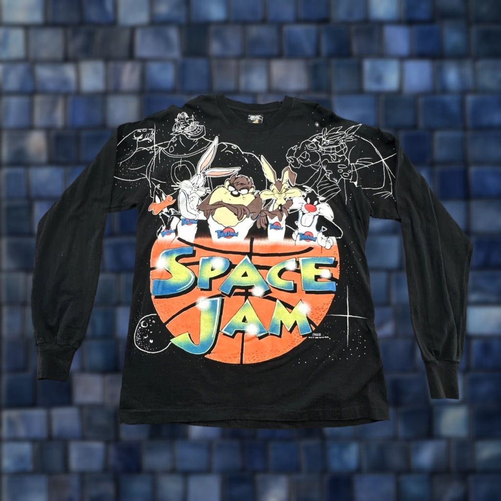 VTG Space Jam T-Shirt Long Sleeve Men L Black Cartoon Movie 1996 90s Slim Fit?
