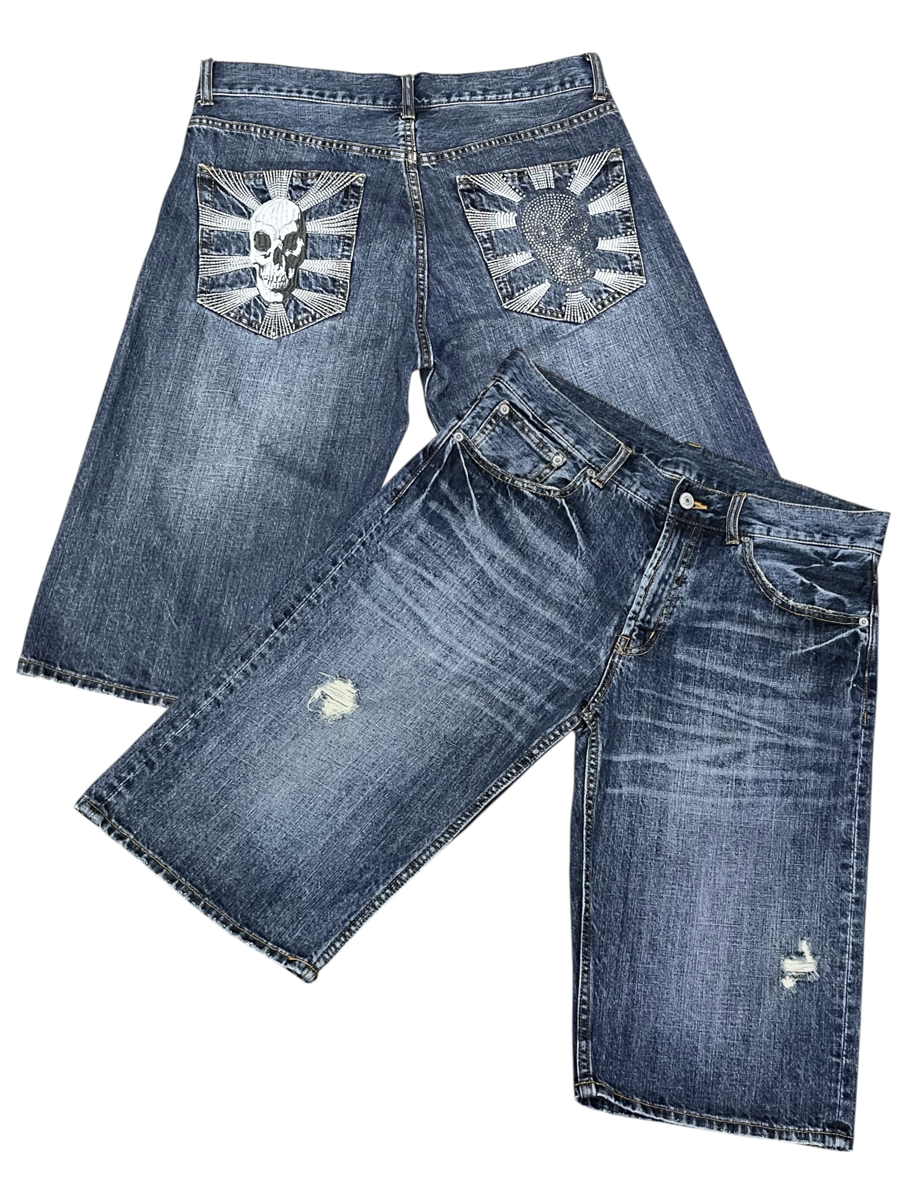 Seditionaries Skull Embroidery Rhinestone Sunburst Punk Denim Shorts Size US 30 / EU 46 - 2 Thumbnail