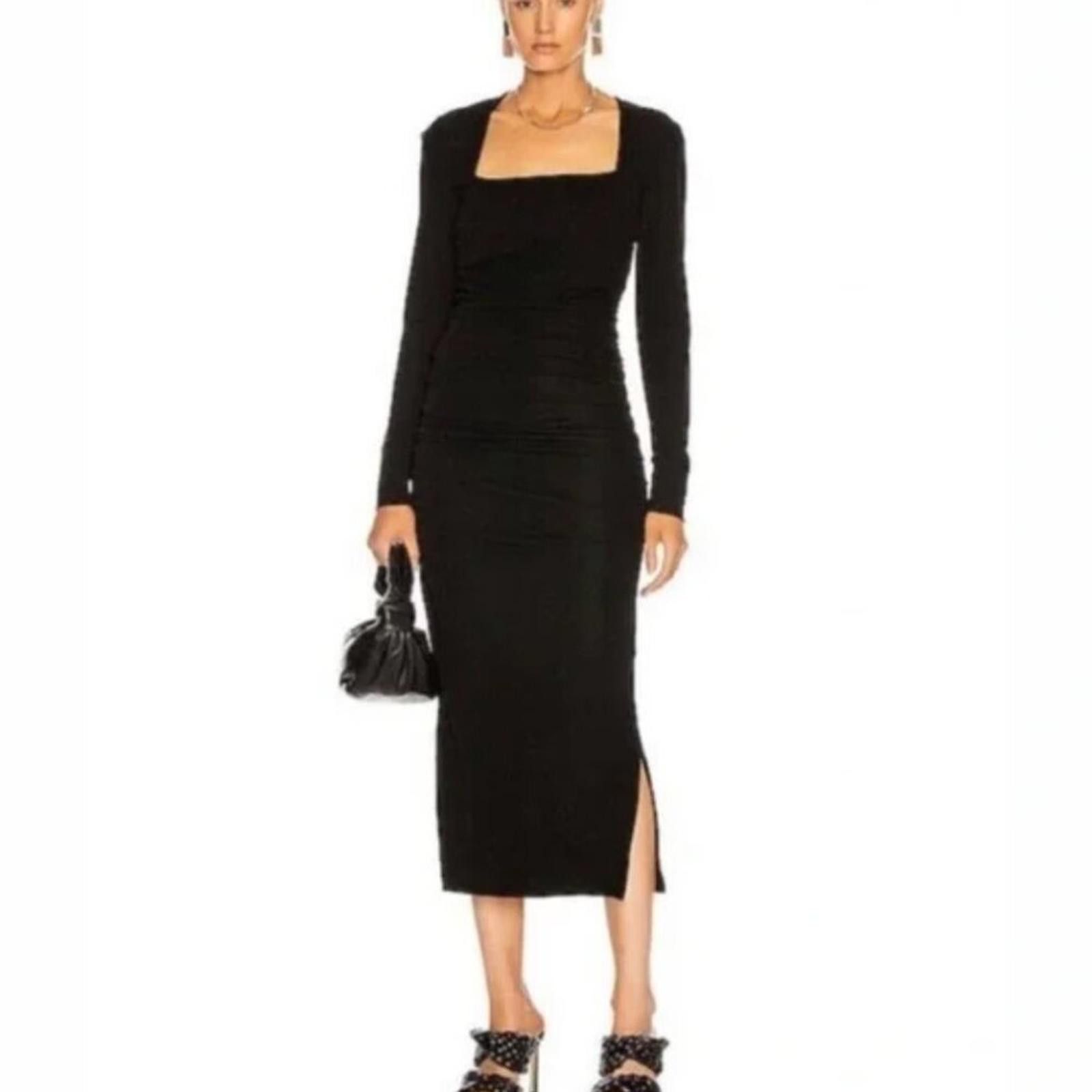 Ganni GANNI Black Ruched Crepe Maxi Dress Long Sleeve Square Neck Size S / US 4 / IT 40 - 2 Thumbnail