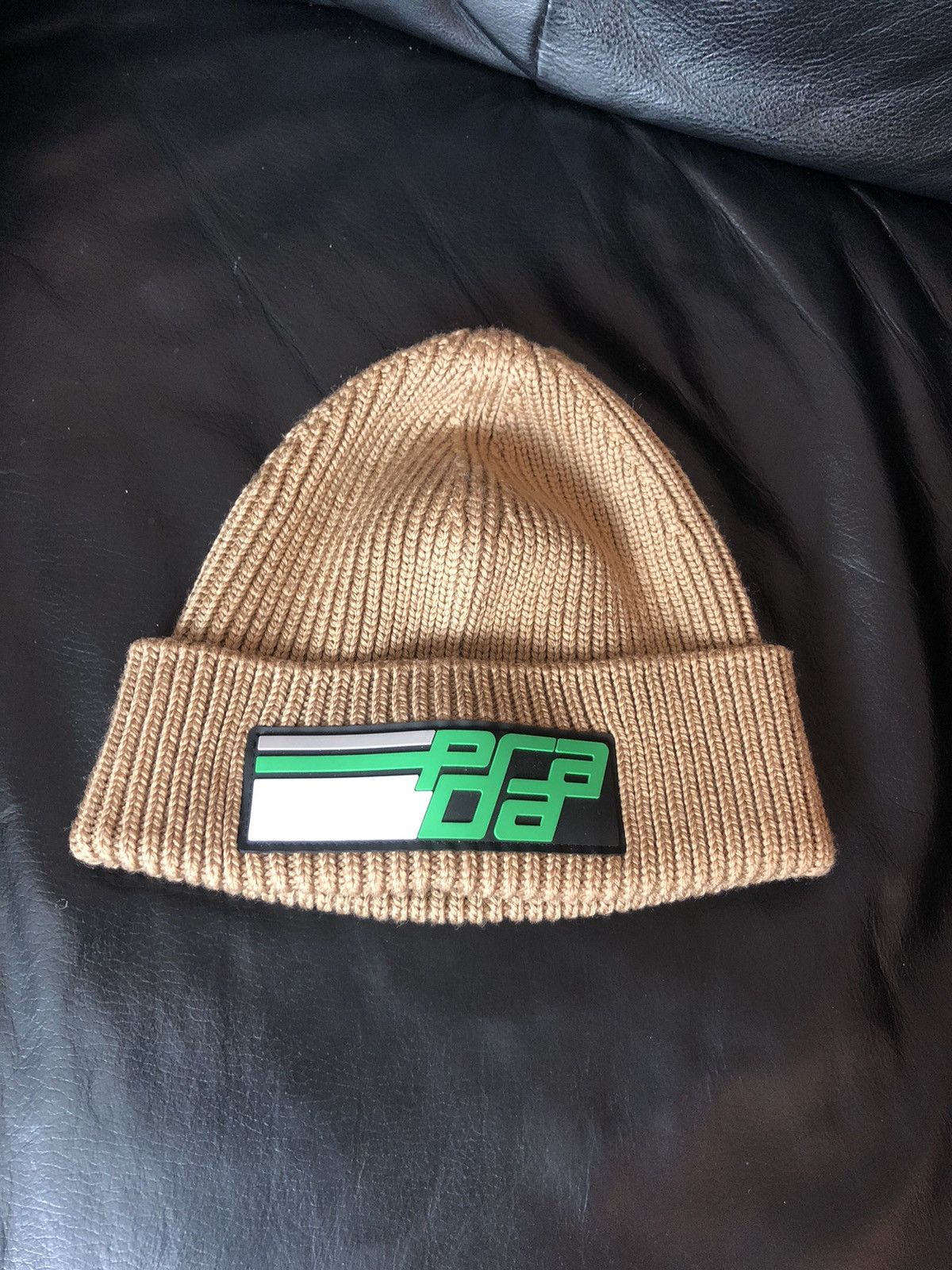 Pre-owned Prada Wool Logo Rubber Patch Beanie Hat In Brown