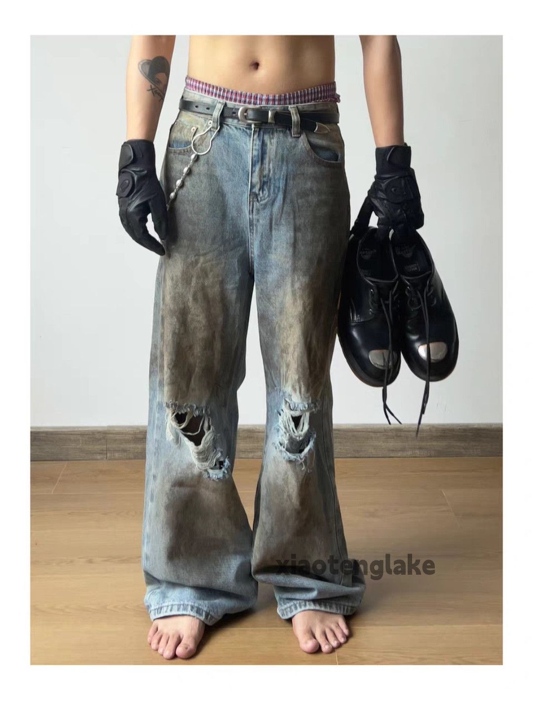 Jean zx distressed wide Leg loose baggy ripped damaged punk jeans Size US 32 / EU 48 - 4 Thumbnail