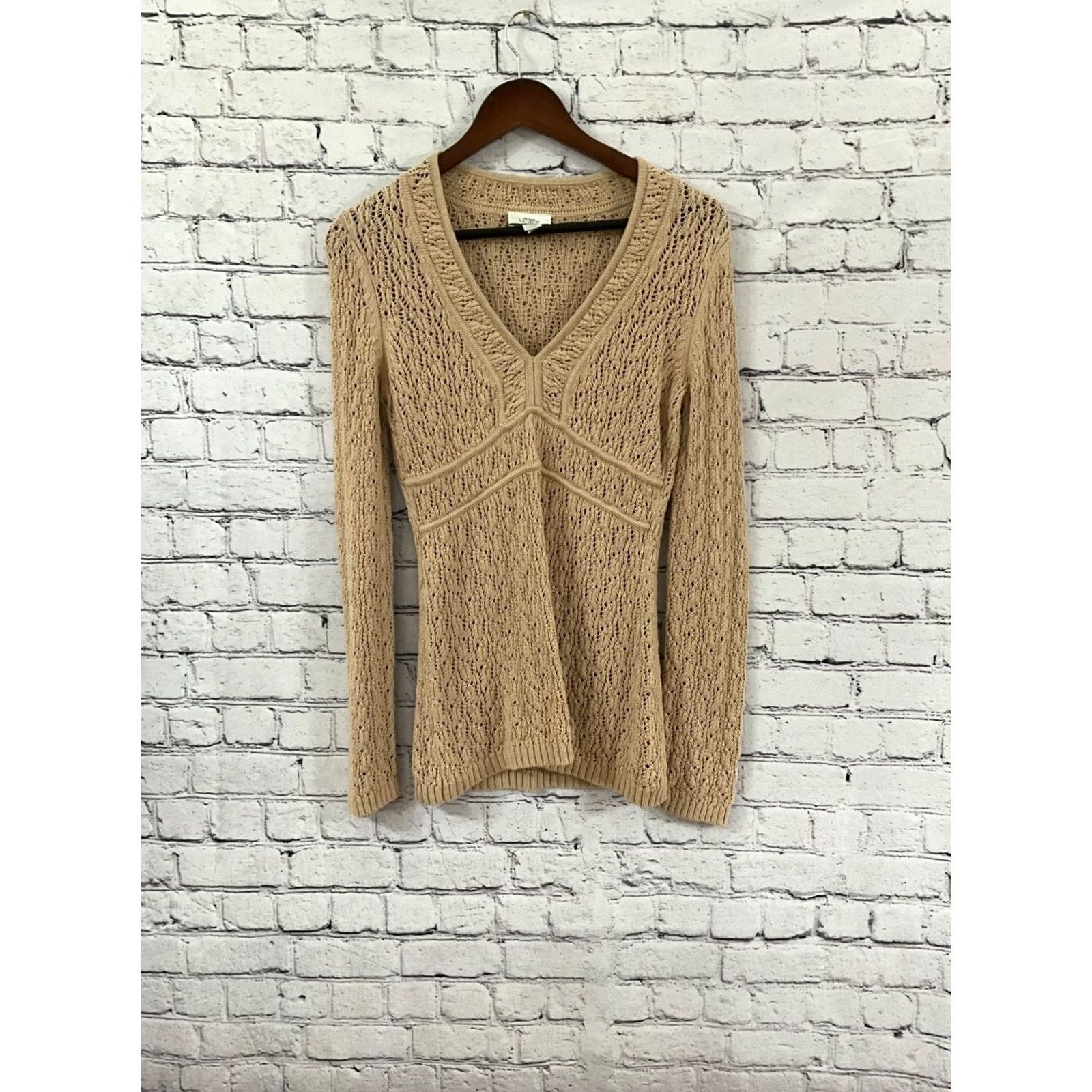 Ann Taylor ANN TAYLOR LOFT Sweater Shirt Women V-Neck Long Sleeve Beige Cotton Knit Pullover Regular Small Size S / US 4 / IT 40 - 7 Thumbnail