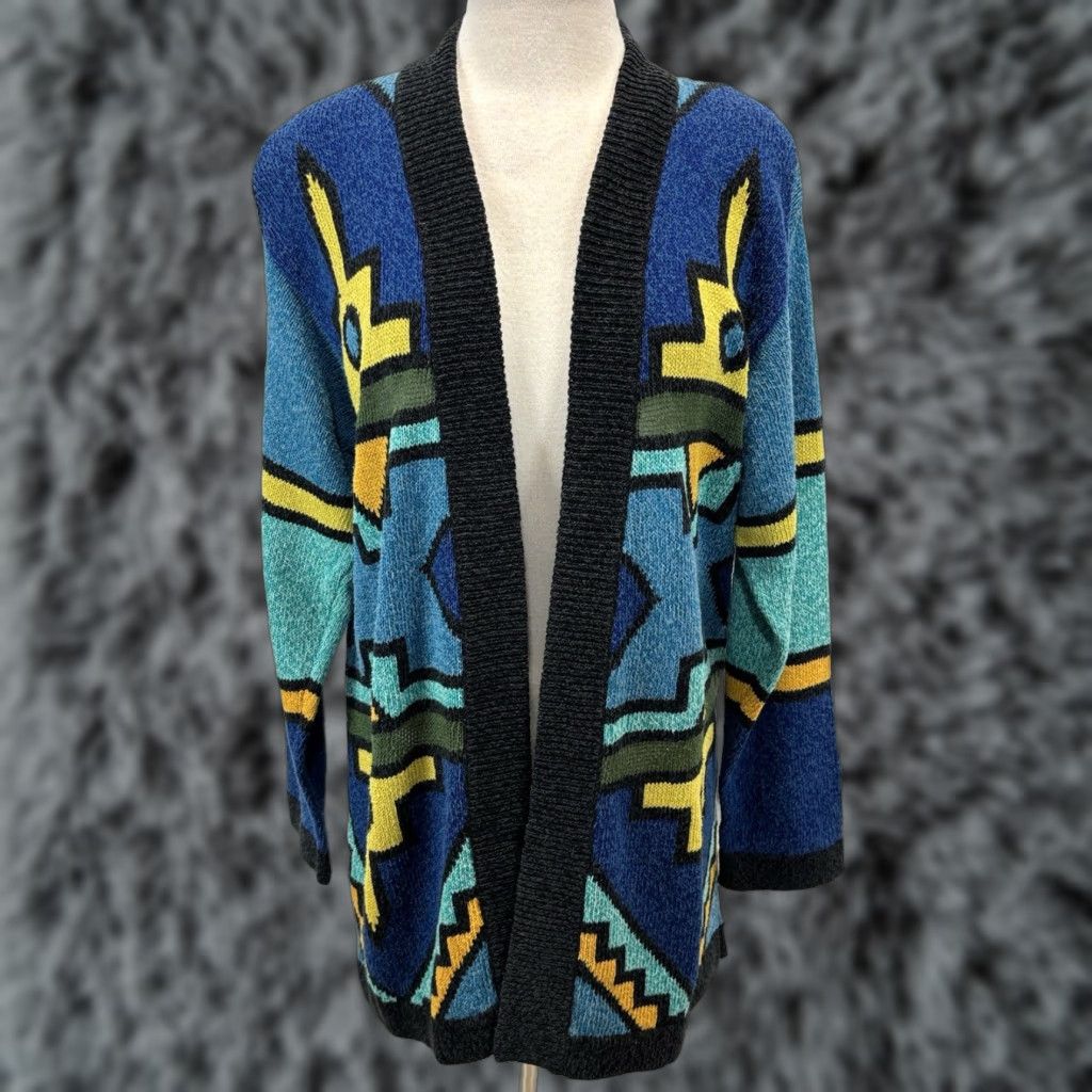 Vintage Vtg August Silk Cardigan Sweater Sz Small Aztec Boho Midlength Open Front 90s Size S / US 4 / IT 40 - 1 Thumbnail