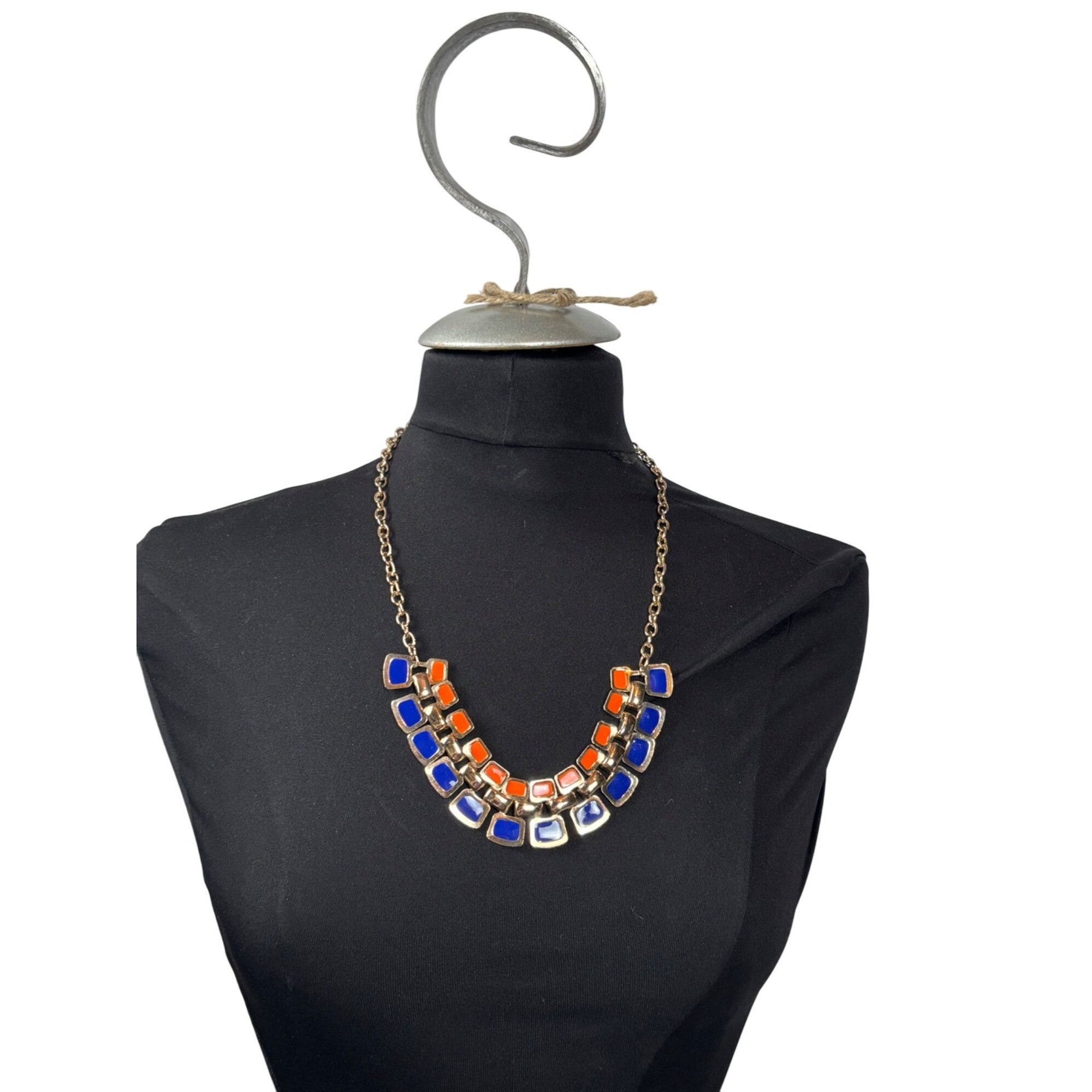 Other Orange & Blue Statement Necklace With Double Row Square Resi Size ONE SIZE - 1 Thumbnail
