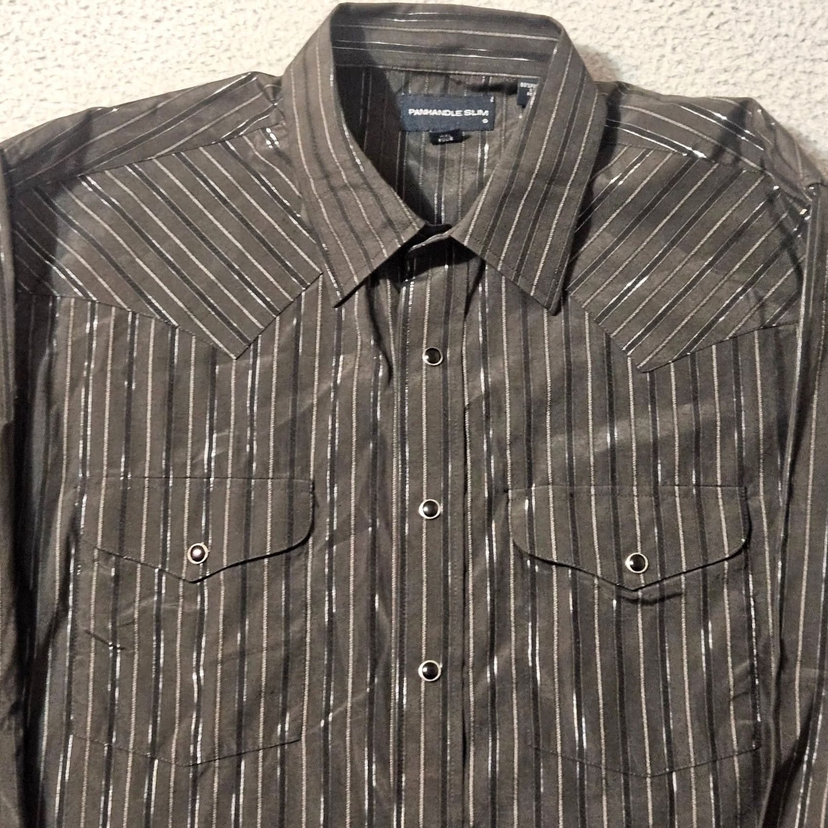 Vintage VINTAGE Panhandle Slim Shirt Mens L Black Long Sleeve Pearl Snaps Western Dress Shiny 16.5x35 Size 42R - 2 Thumbnail