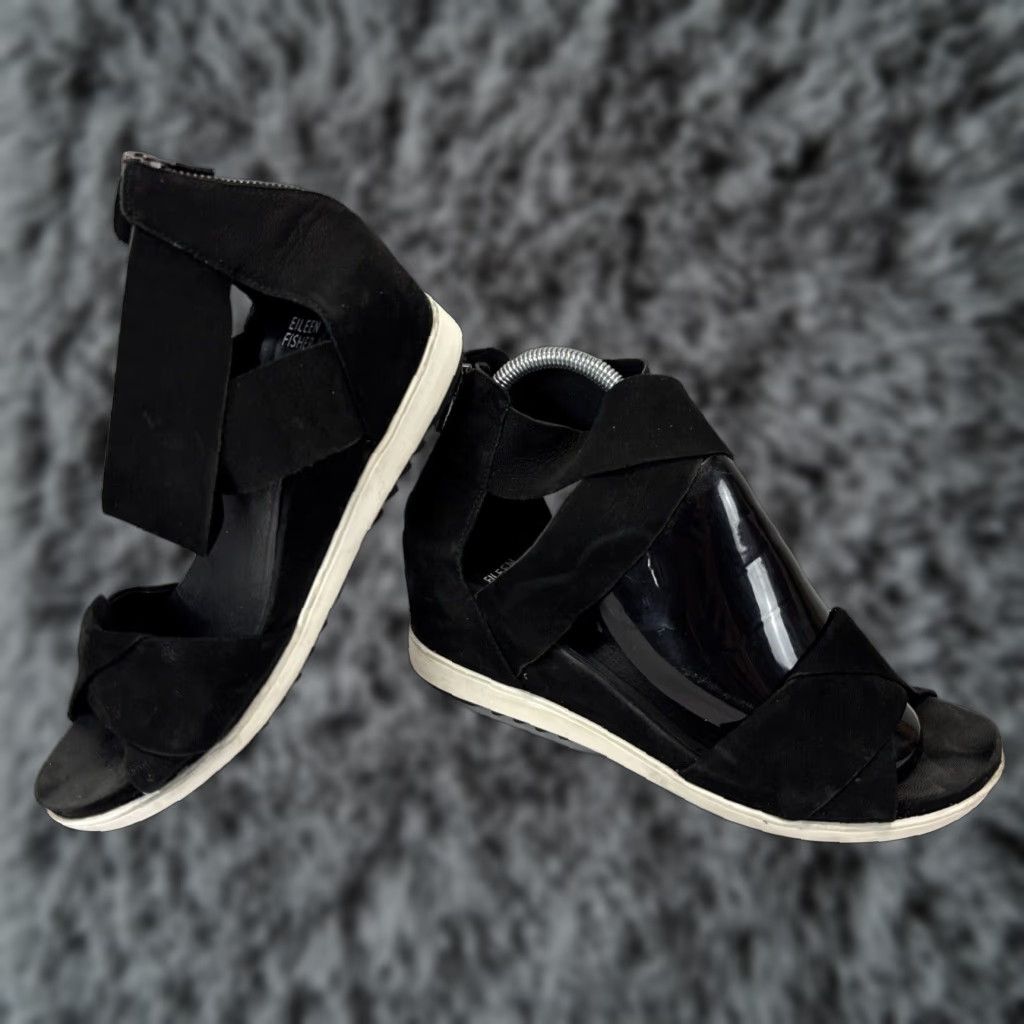 Eileen Fisher Eileen Fisher Sport Criss Cross Tumbled Leather Nubuck Platform Sandals Black 9 Women Size US 9 / IT 39 - 1 Thumbnail