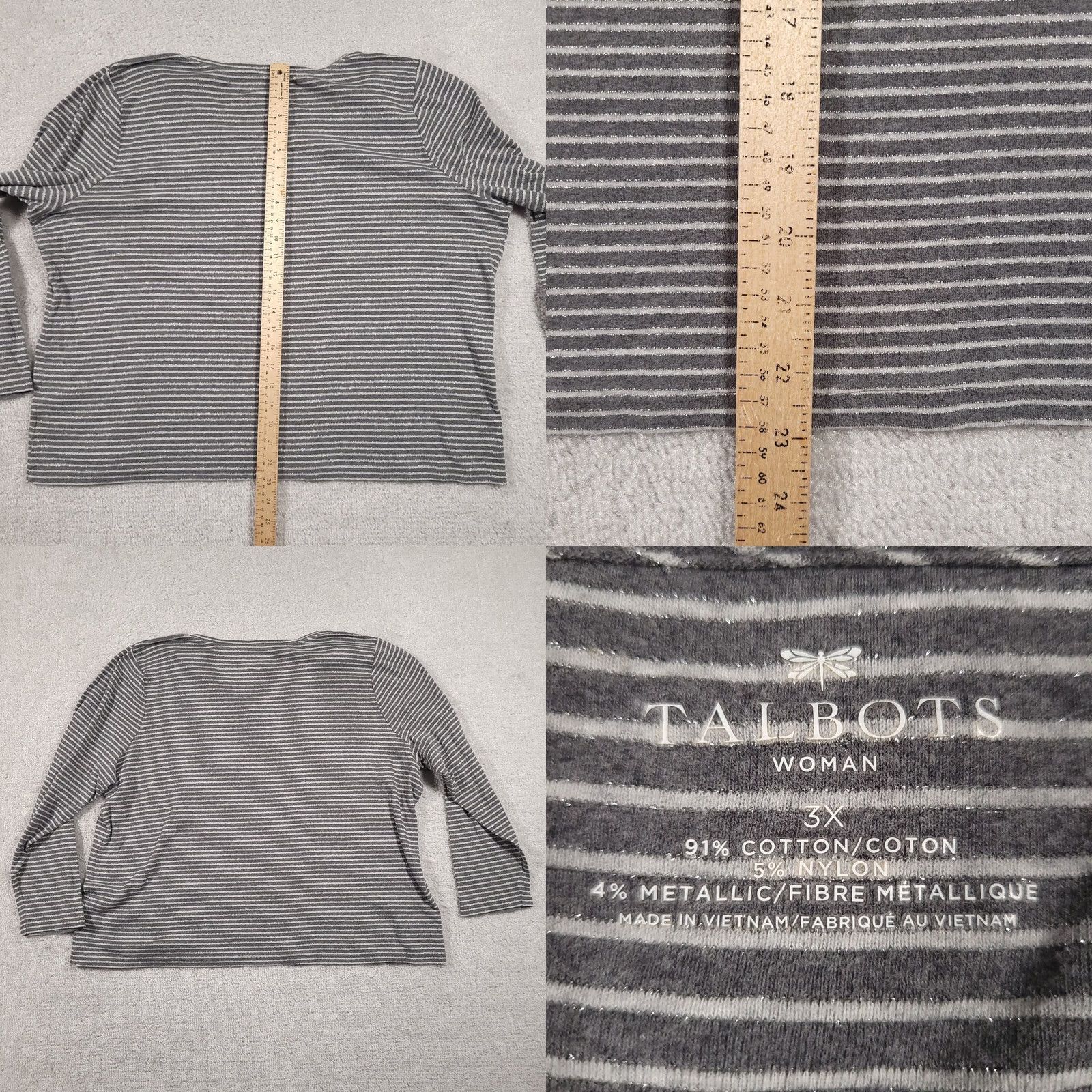 Talbots VINTAGE Talbots T Shirt Women's 3X Plus Gray Striped Glitter V Neck Long Sleeve Size XXL / US 16-18 / IT 52-54 - 8 Thumbnail