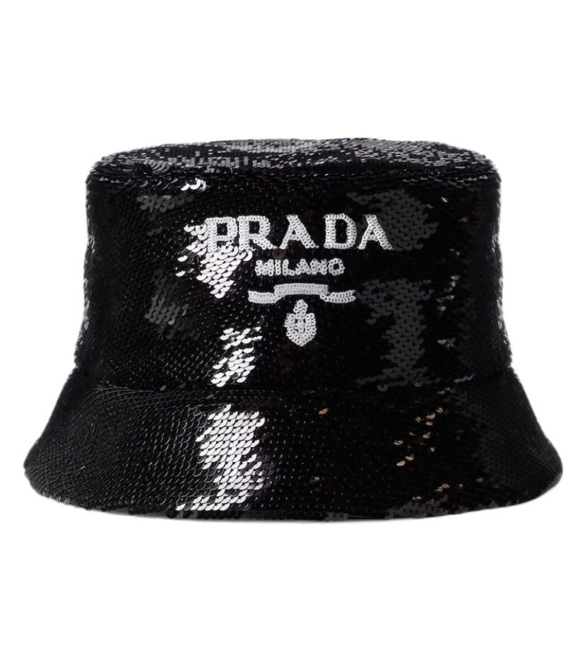 image of Prada Black Sequin Logo Bucket Hat, Men's