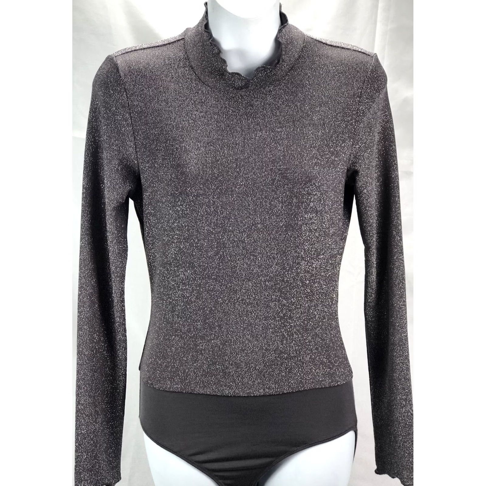 Vintage Altar'd State Body Suit S Gray Glitter Ruffles Mock turtleneck Long Sleeve Women Size S / US 4 / IT 40 - 5 Thumbnail