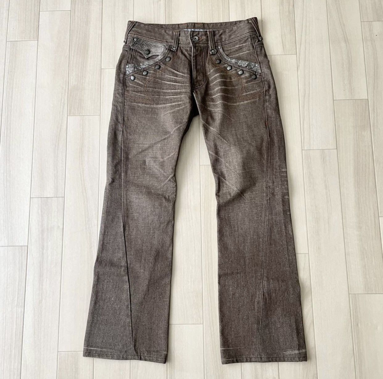 image of Le Grande Bleu L G B x Nicole Club Python Leather Studded Flare Denim Pants in Brown (Size 30)