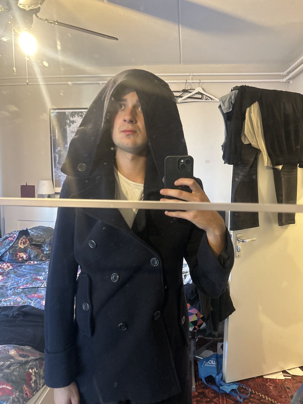 Versace Navy Wool Double-Breasted Peacoat with Cowl Hood Size US L / EU 52-54 / 3 - 10 Thumbnail