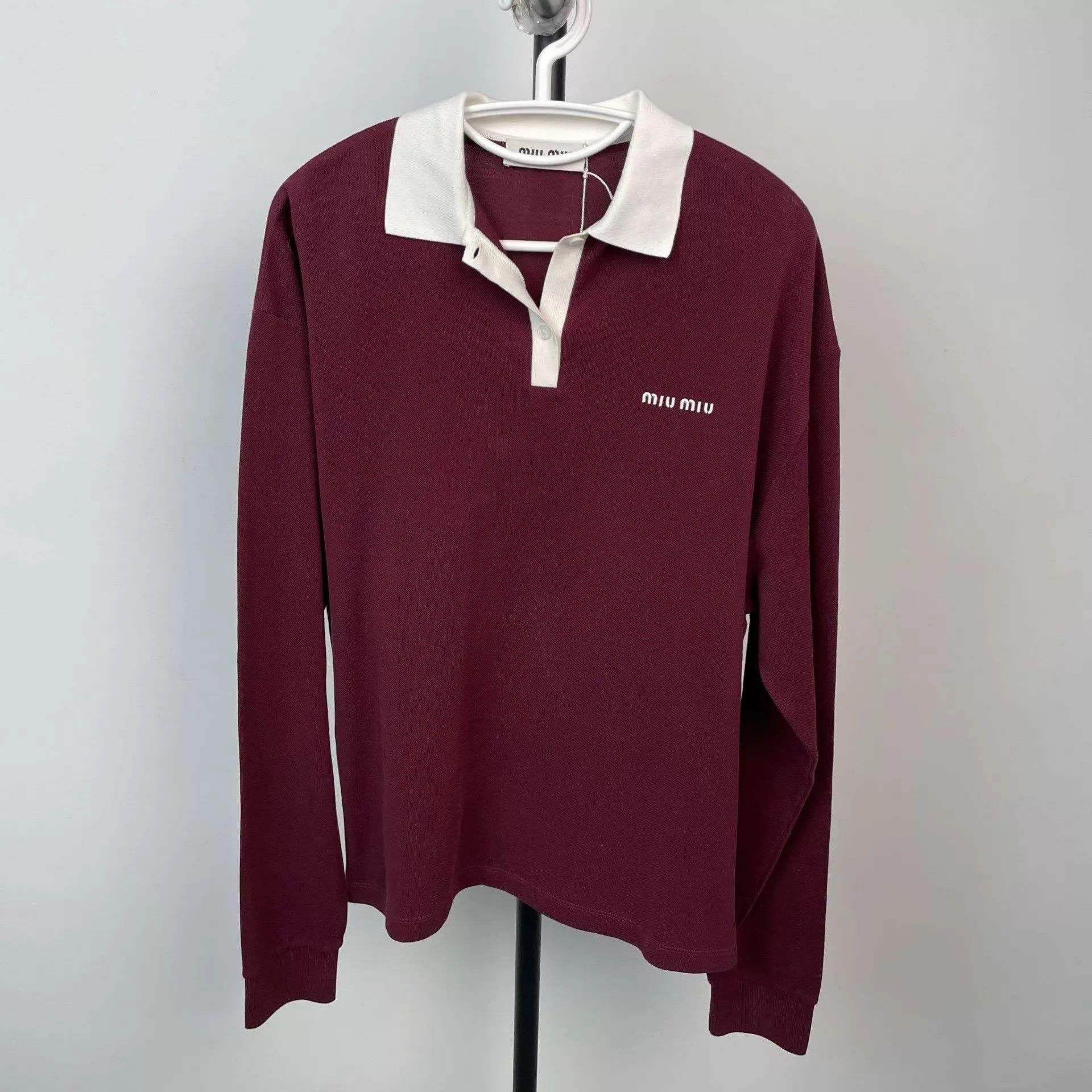 Miu Miu MIU MIU cotton long-sleeve POLO shirt burgundy XS Size XS / US 0-2 / IT 36-38 - 1 Thumbnail