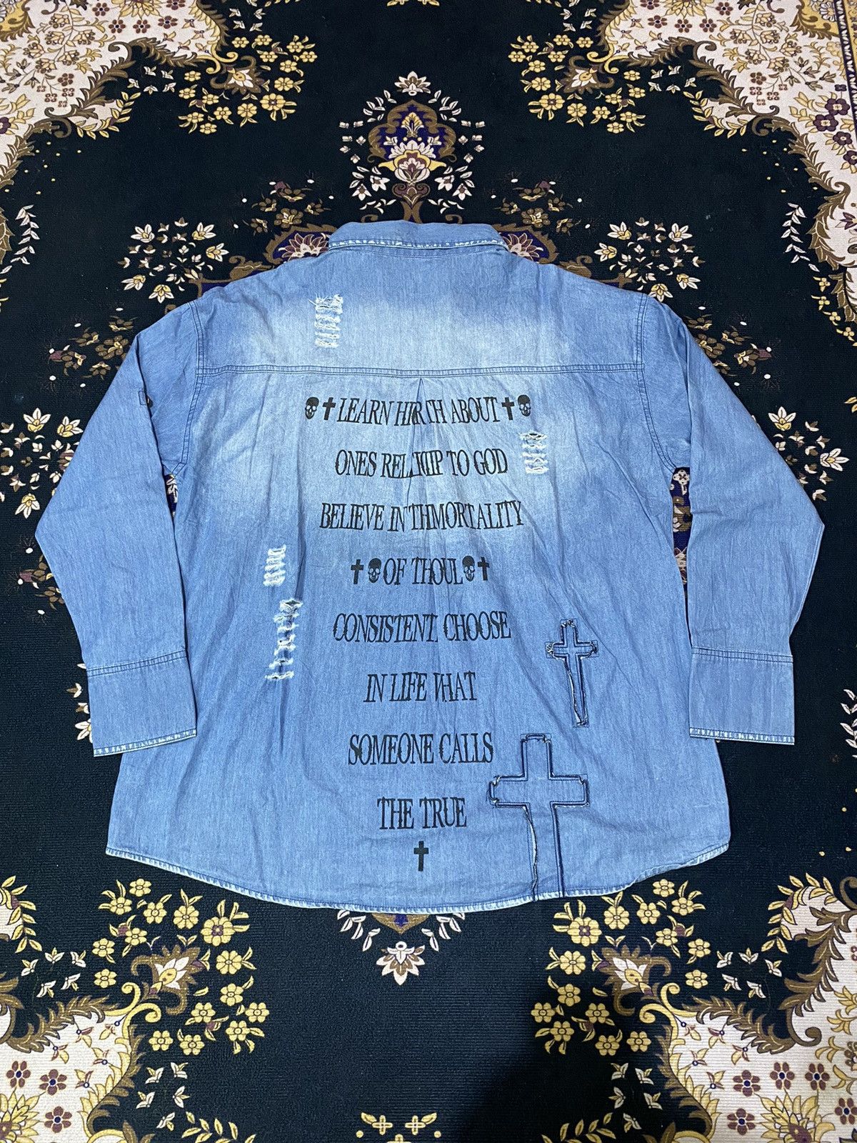 If Six Was Nine × Japanese Brand × Seditionaries Rare Y2K Ghost Of Harlem Punk Style Distressed Denim Shirt Size US L / EU 52-54 / 3 - 12 Thumbnail