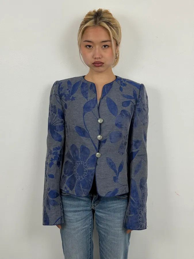Armani Collezioni SS2011 Armani Collezioni Grey & Blue Floral Blazer Jacket Size M / US 6-8 / IT 42-44 - 2 Thumbnail