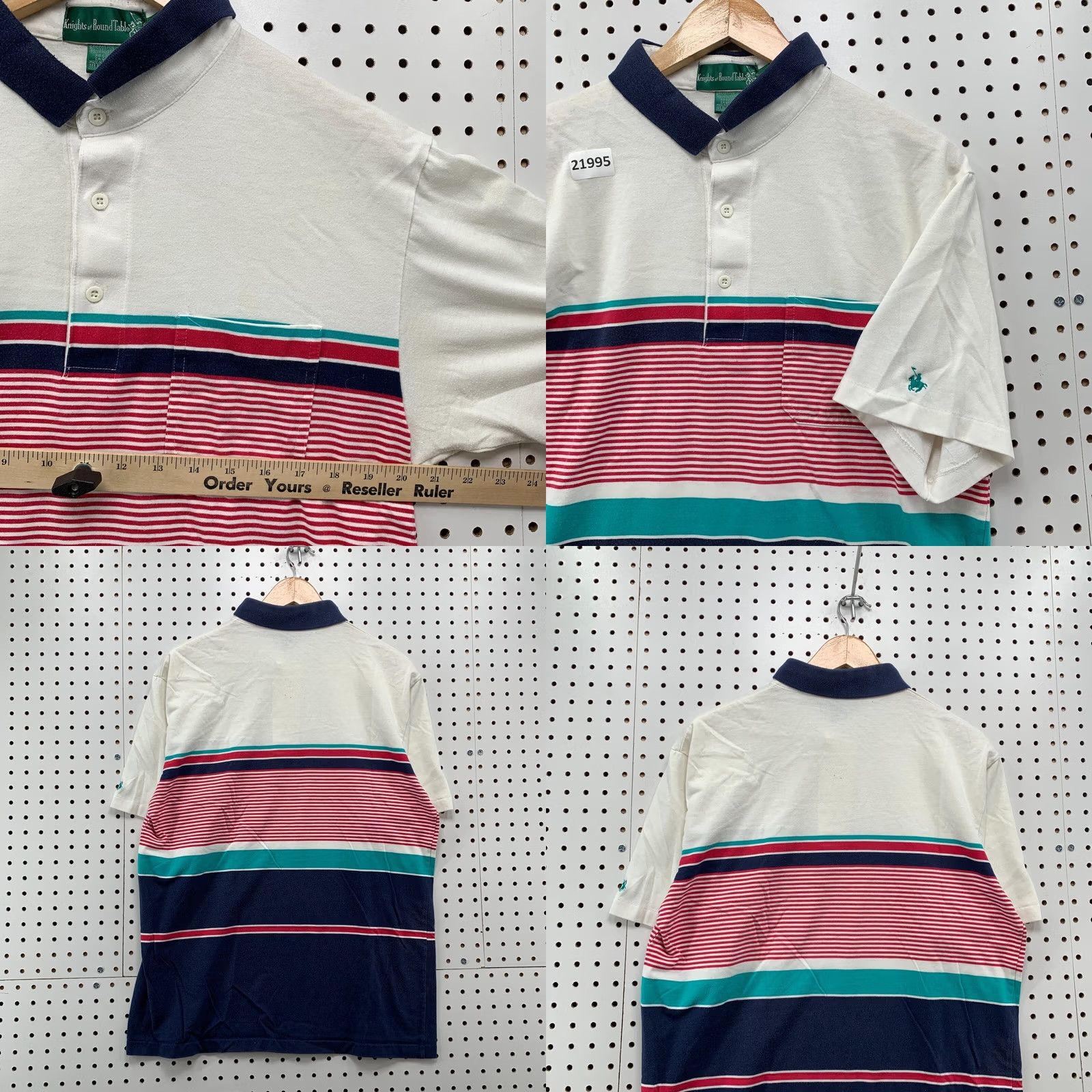 Vintage Knights Of Round Table Polo Shirt White Red Blue Striped Mens Large 21x28.5 Size US L / EU 52-54 / 3 - 9 Thumbnail