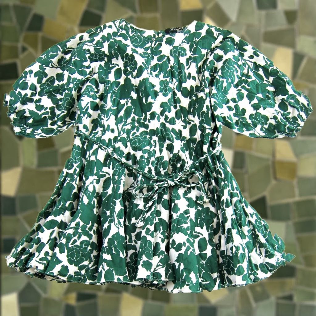 Vintage Aakaa Green White Floral 3/4 Sleeve Boat Neck Mini Smock Dress Woman Small Size S / US 4 / IT 40 - 1 Thumbnail