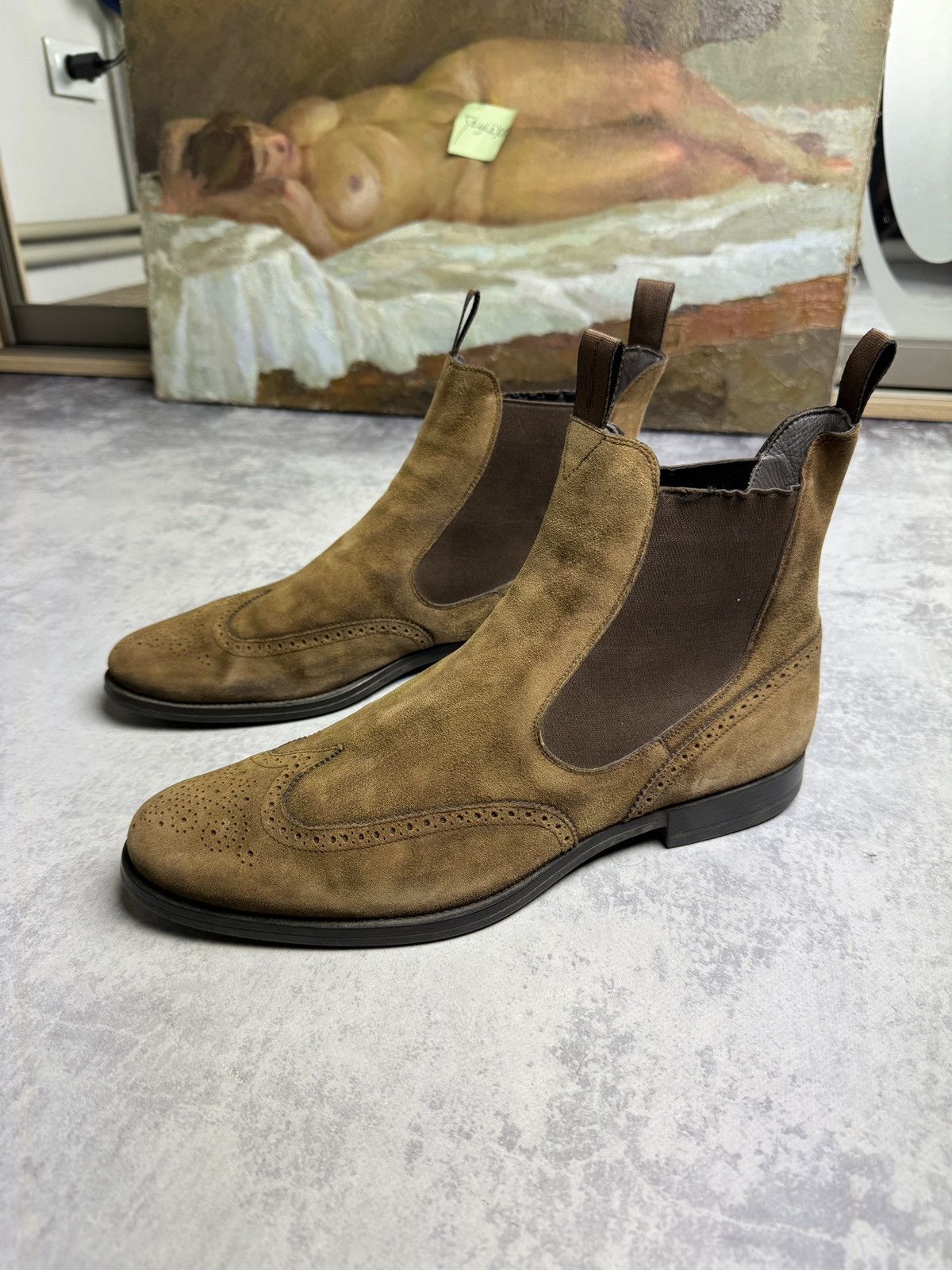 Archival Clothing x Italian Designers Santoni Suede Leather 00S Luxury Y2K Chelsea Boots Shoes in Brown (Size 9)
