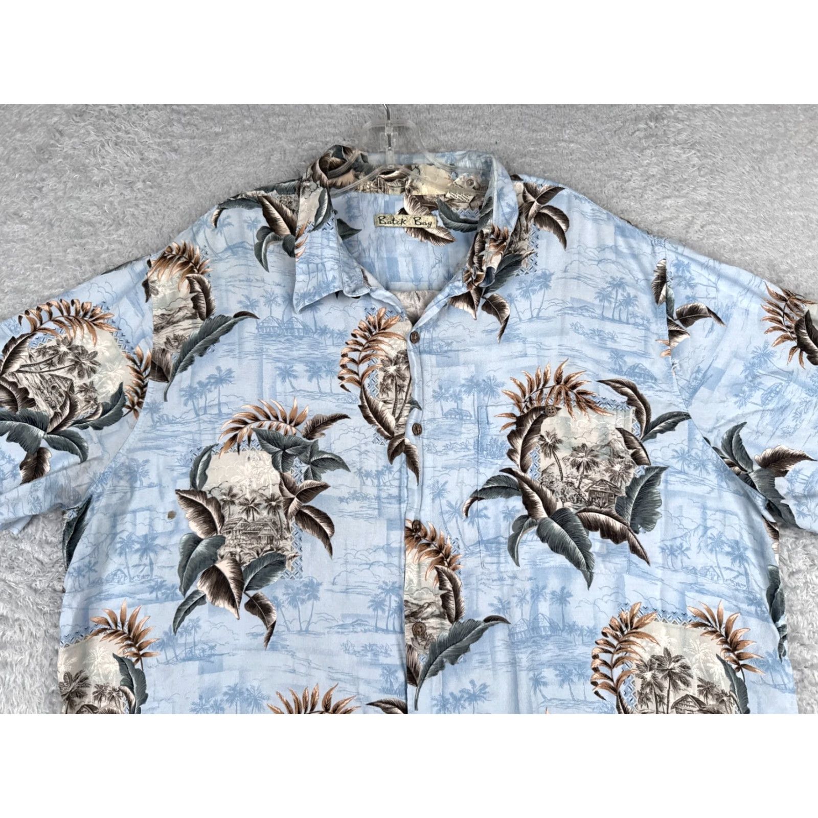 Vintage Batik Bay Shirt Adult 2XL XXL Blue Hut Palm Floral Leaf Hawaiian 100% Rayon Size US XXL / EU 58 / 5 - 6 Thumbnail