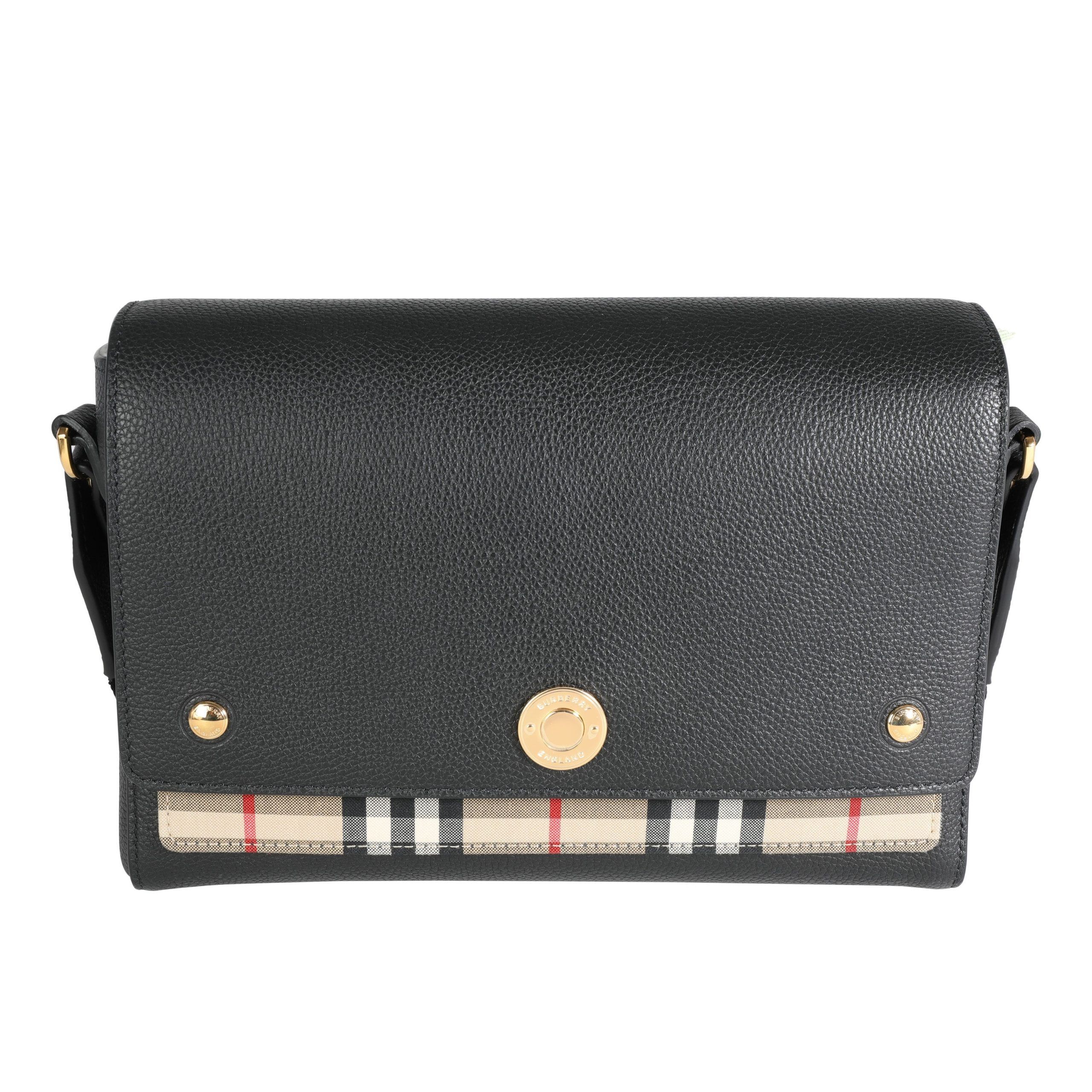 image of Burberry Black Leather & Vintage Check Medium Note Crossbody Bag, Women's