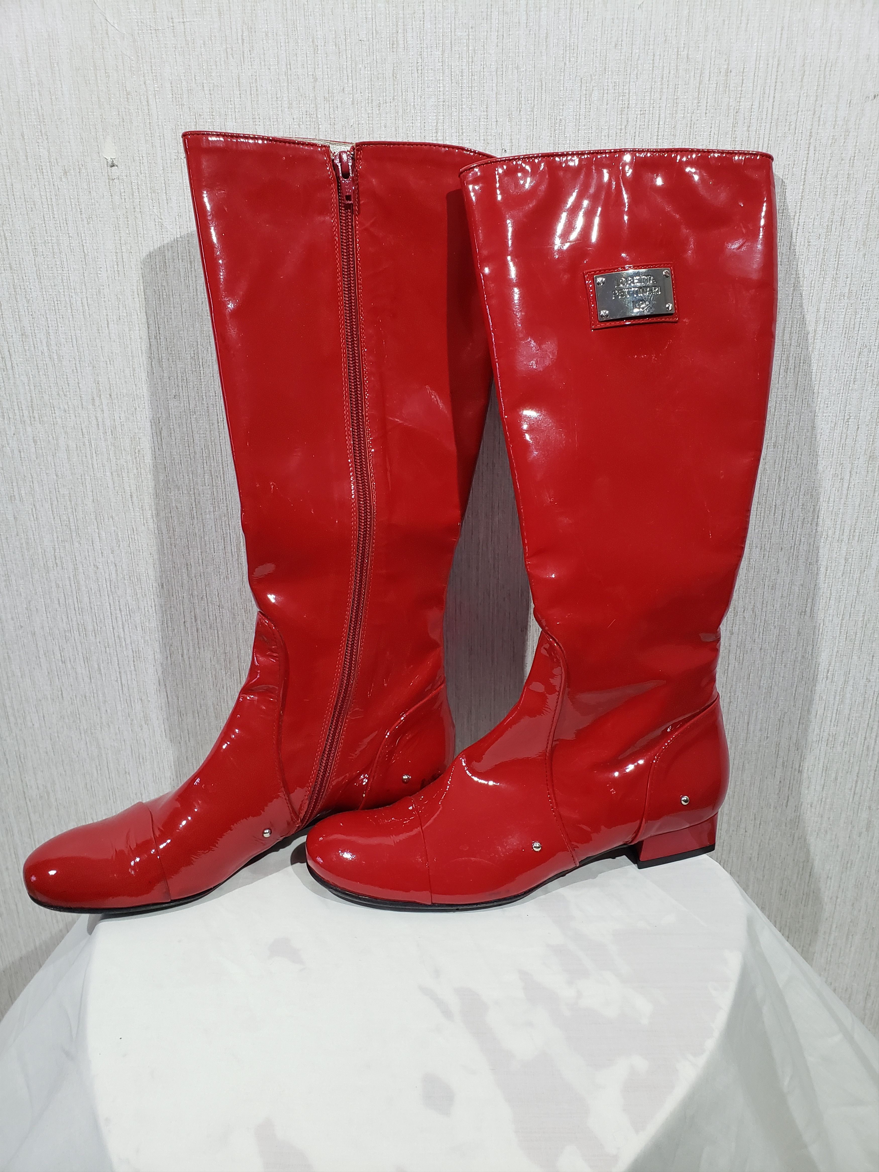 image of Italian Designers Red Elegant Patent Leather Boots, Women's (Size 8)