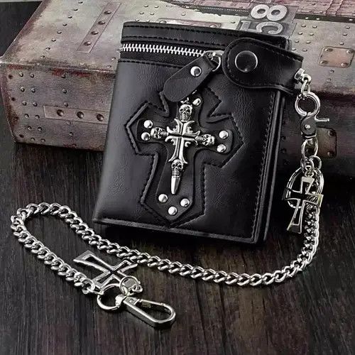 Jewelry Cross Clasp Leather Wallet with Antique Biker Chain Size ONE SIZE - 2 Thumbnail