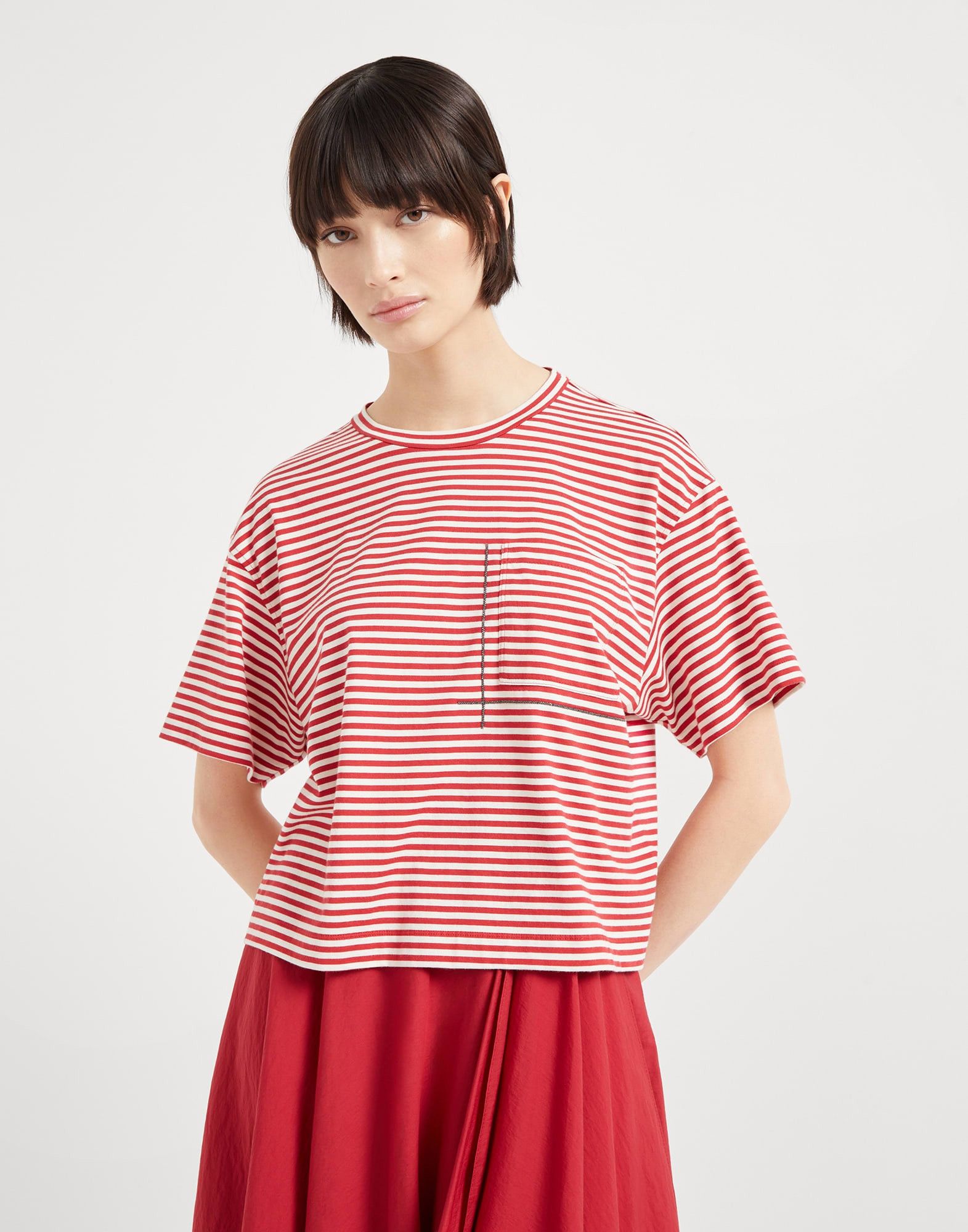 Brunello Cucinelli o1la1rc1a0326 Striped Jersey Cropped T-Shirt in Red Size S / US 4 / IT 40 - 1 Thumbnail