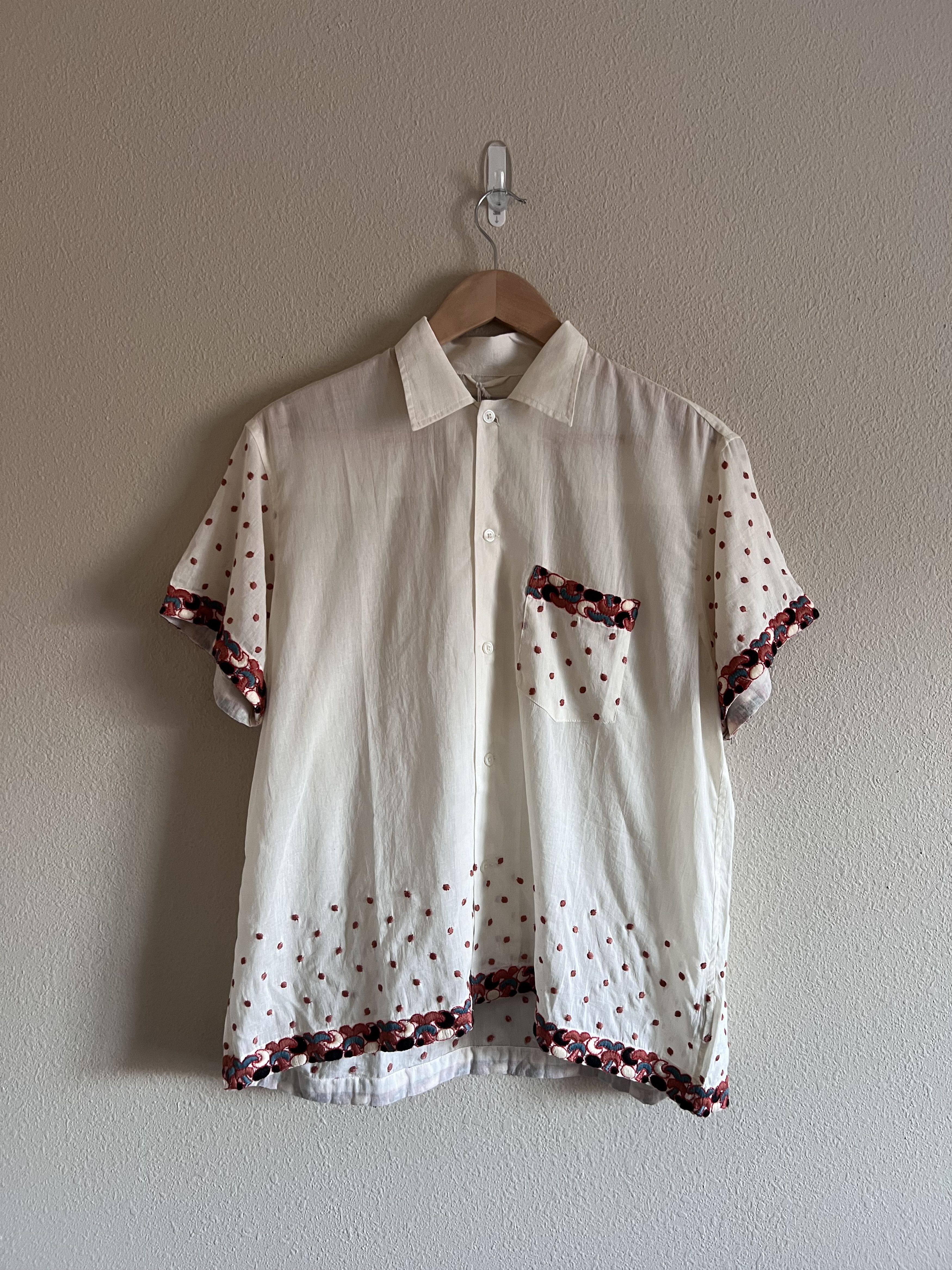 image of Bode Whirling Dot Short Sleeve Button Up Shirt in Ecru, Men's (Size Small)