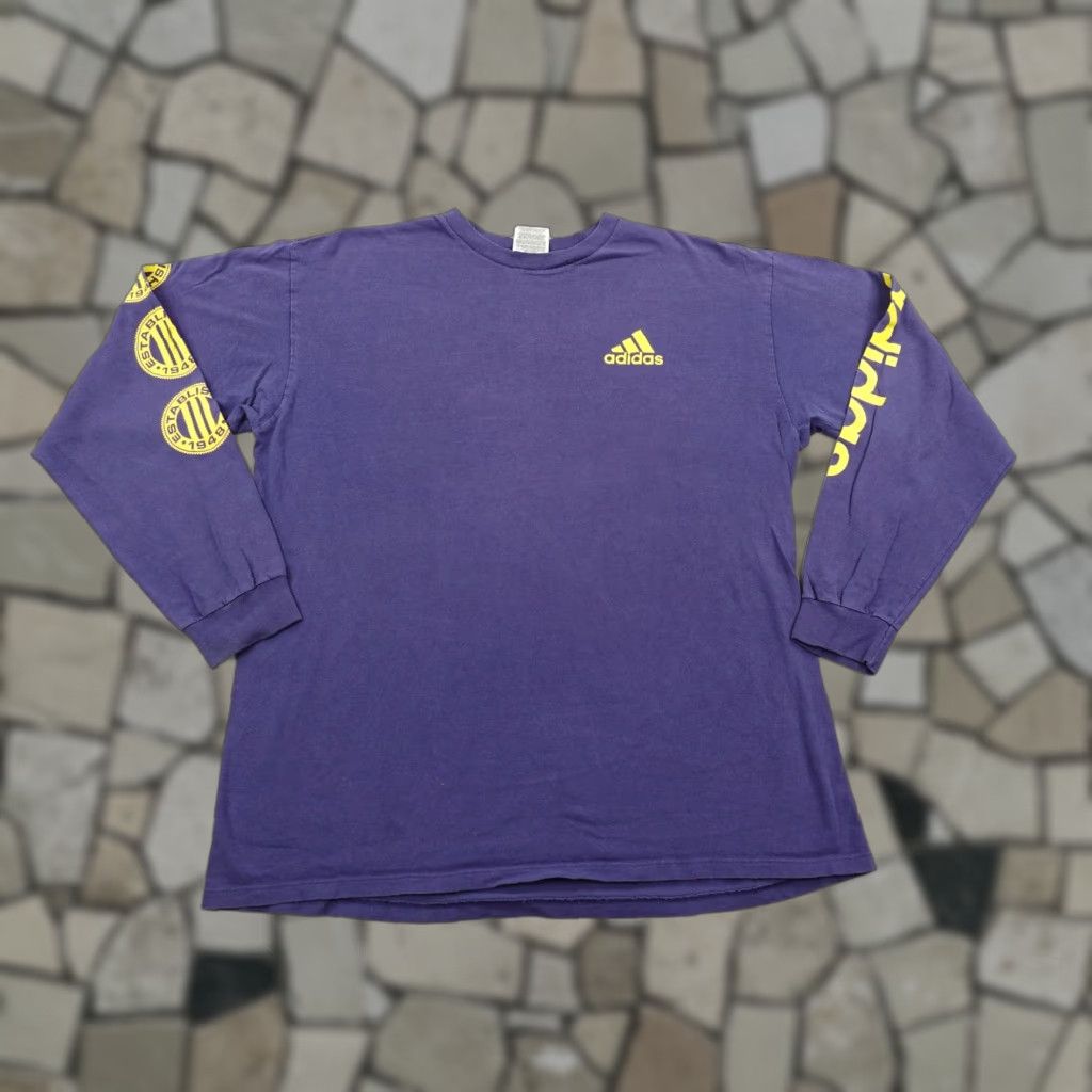 Adidas VINTAGE Adidas Shirt Mens XL Blue Yellow Sleeve Graphic Spell Out 90s Made USA Men XL Crew Neck Cotton T-Shirt Size US XL / EU 56 / 4 - 1 Thumbnail