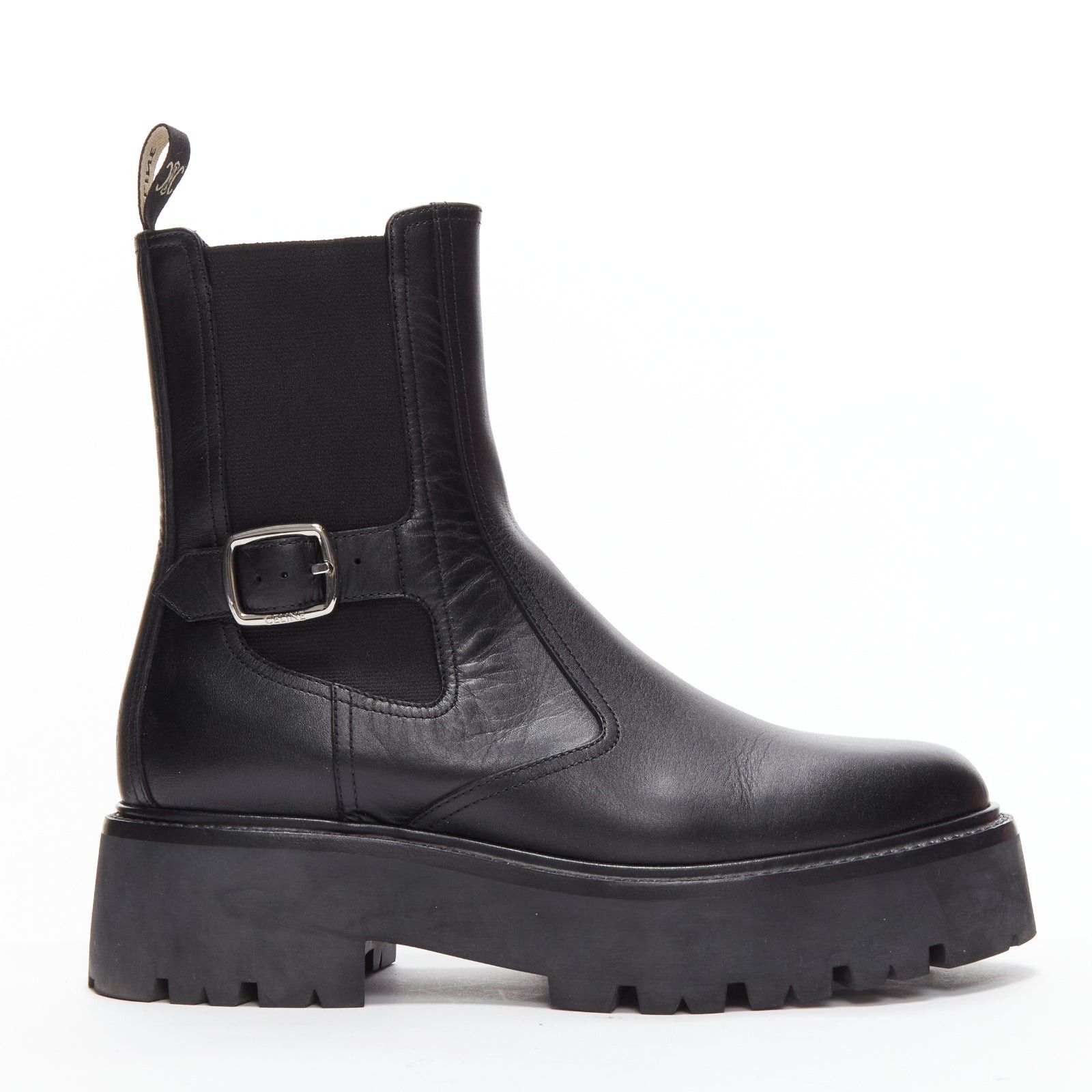 CELINE 2022 Bulky Chelsea black calfskin leather buckles biker boots EU39