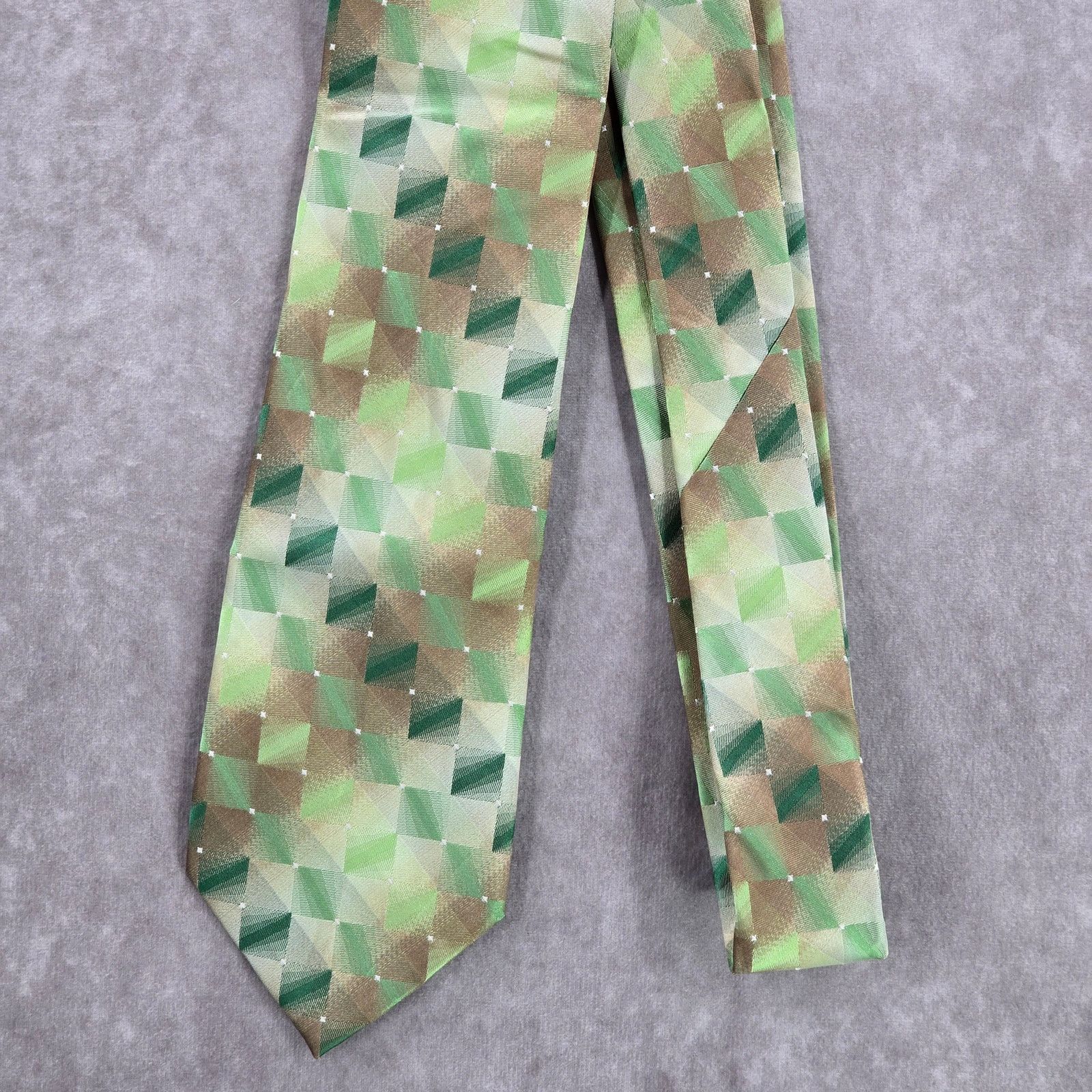 Van Heusen Van Heusen Green Brown Geometric Checkered Silk Neck Tie Size 30 - 2 Thumbnail
